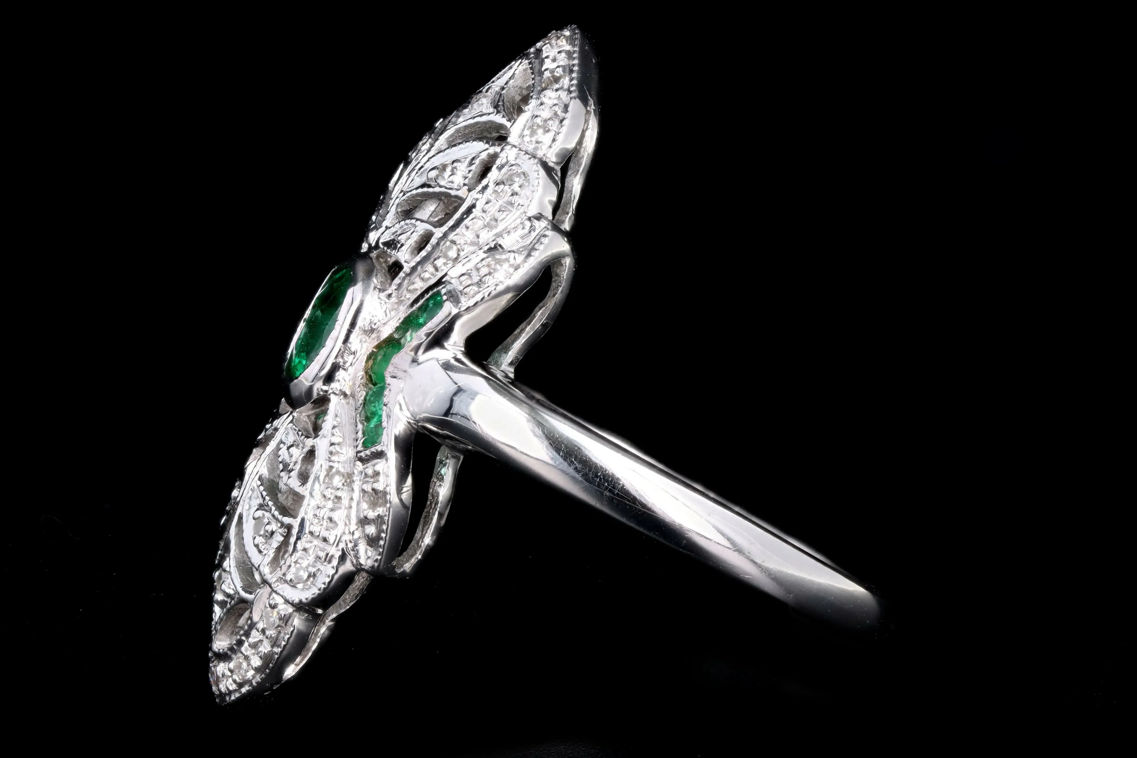 Art Deco Inspired 14K White Gold Natural Emerald & Diamond Shield Ring