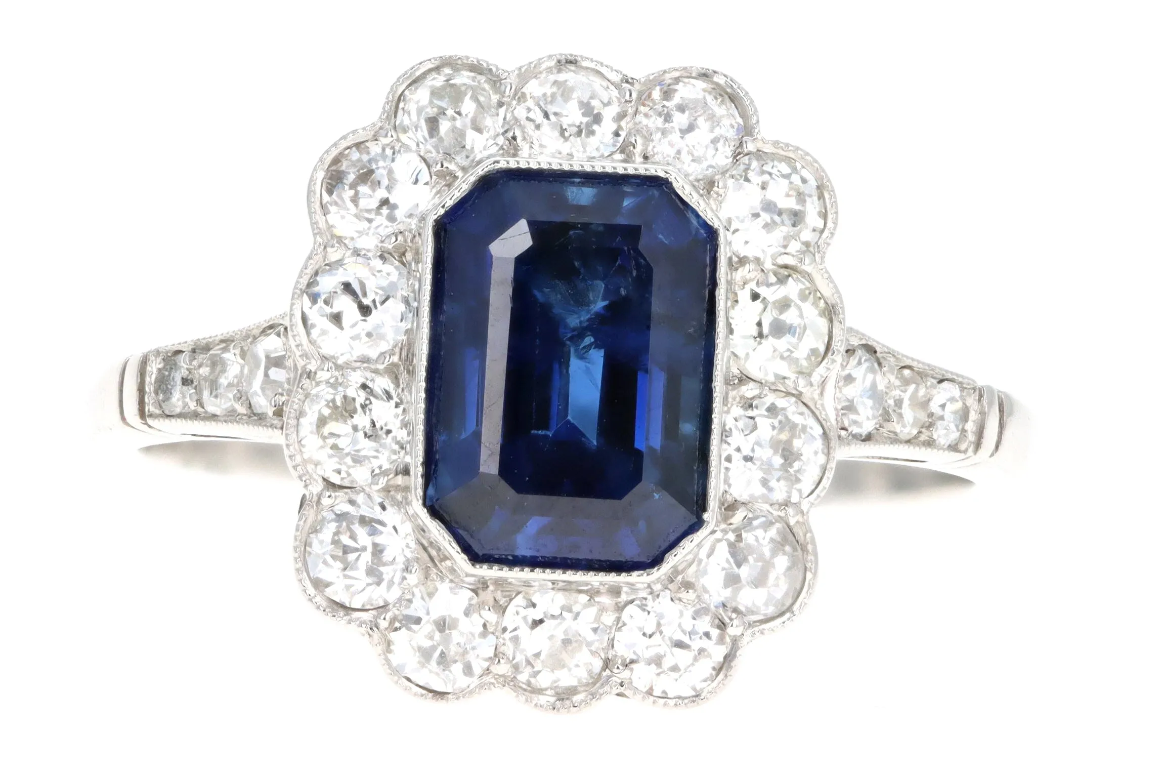 Art Deco Inspired Platinum 2.03 Carat Natural Sapphire & Diamond Halo Ring