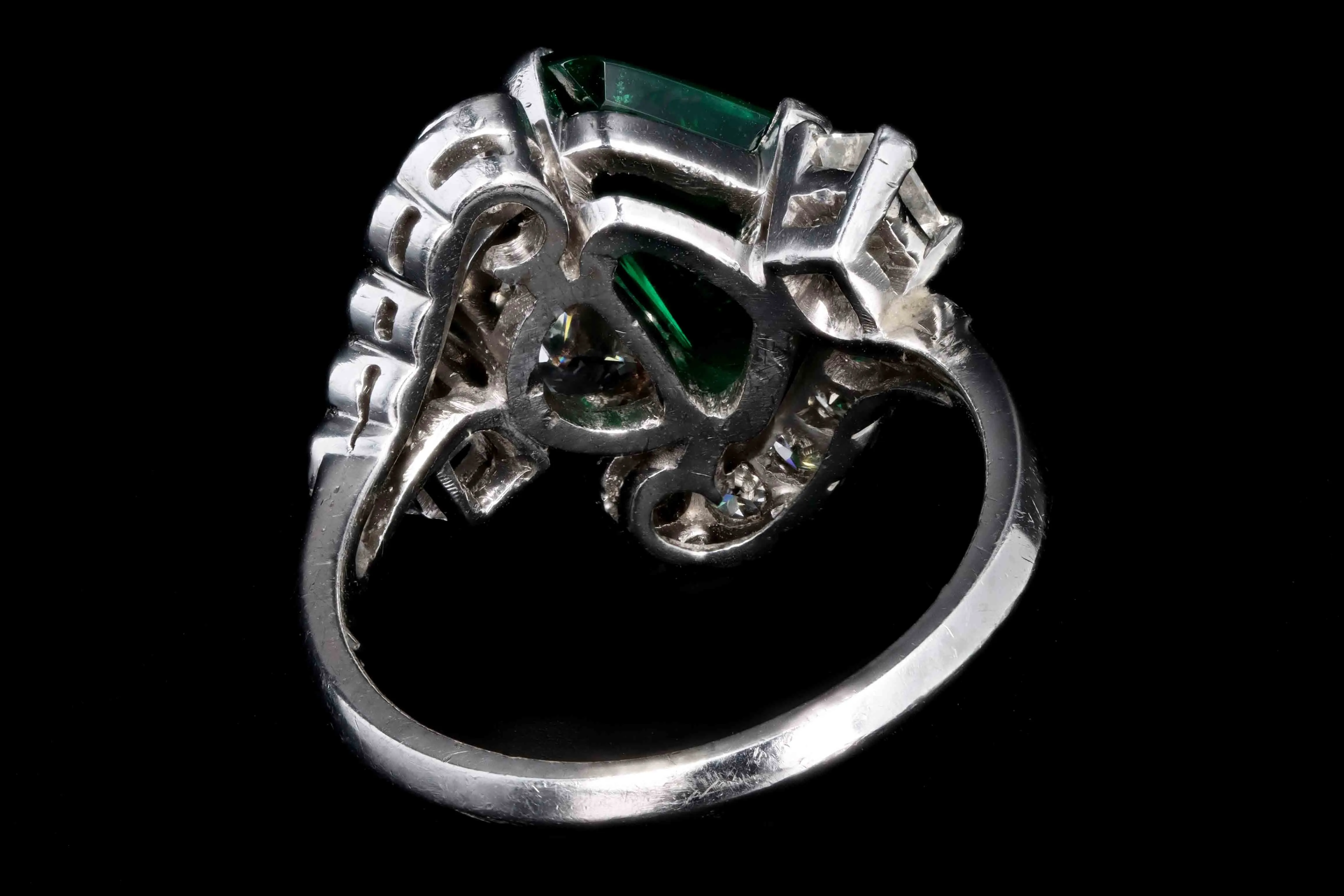 Art Deco Platinum 2 Carat Modified Triangular Cut Colombian Emerald & 1.10 Carat Half Moon Cut Diamond Ring GIA & AGL Certified
