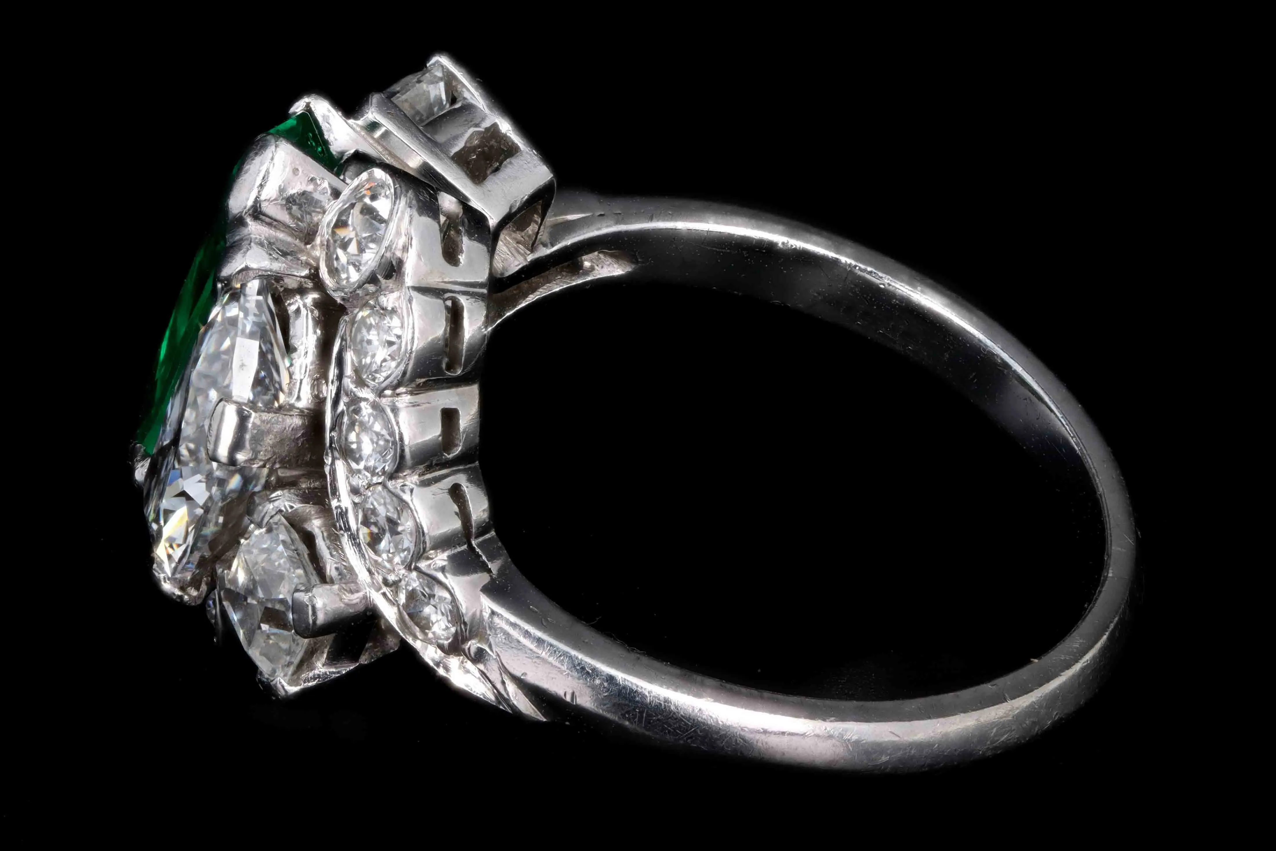 Art Deco Platinum 2 Carat Modified Triangular Cut Colombian Emerald & 1.10 Carat Half Moon Cut Diamond Ring GIA & AGL Certified