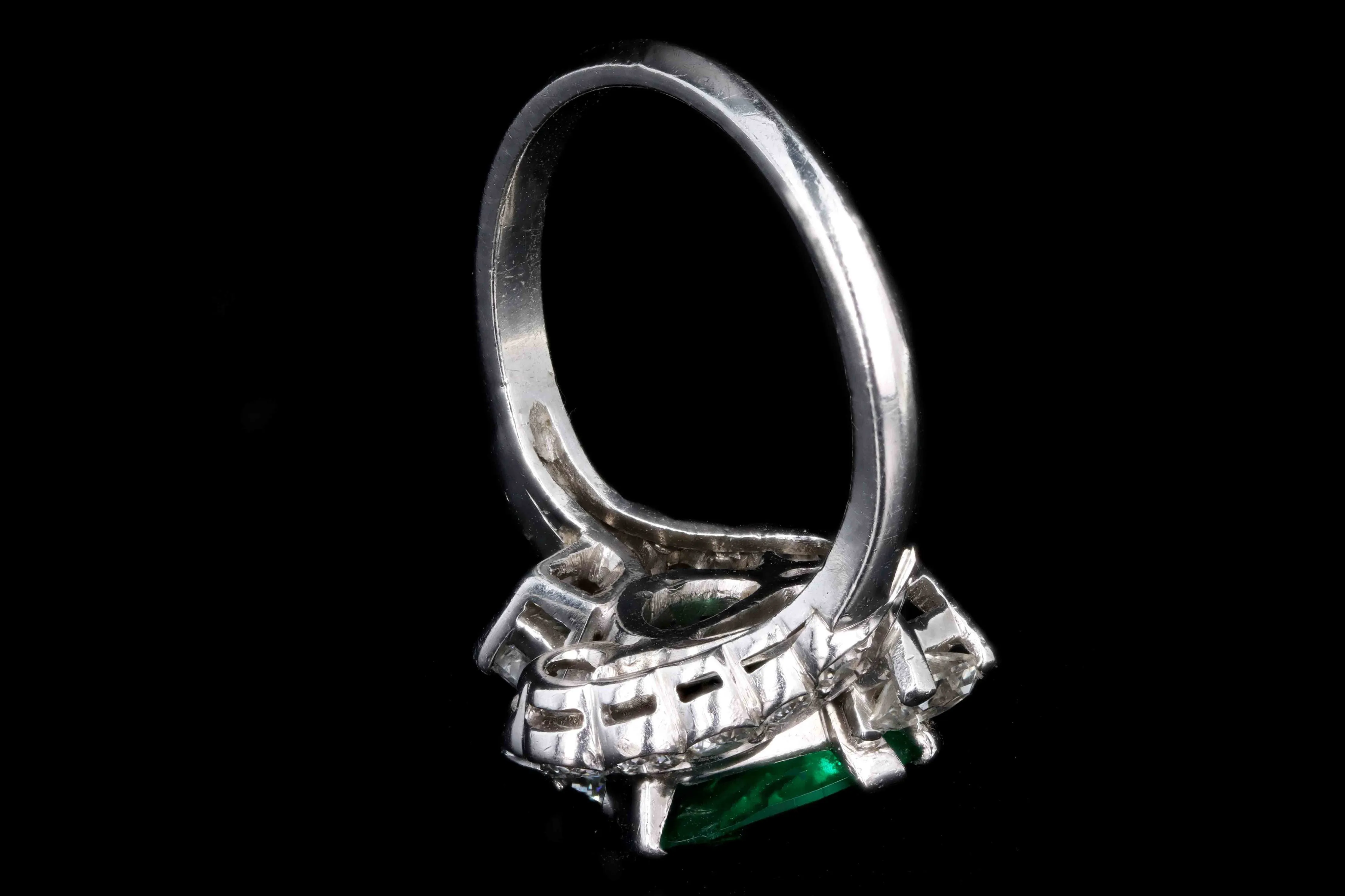 Art Deco Platinum 2 Carat Modified Triangular Cut Colombian Emerald & 1.10 Carat Half Moon Cut Diamond Ring GIA & AGL Certified