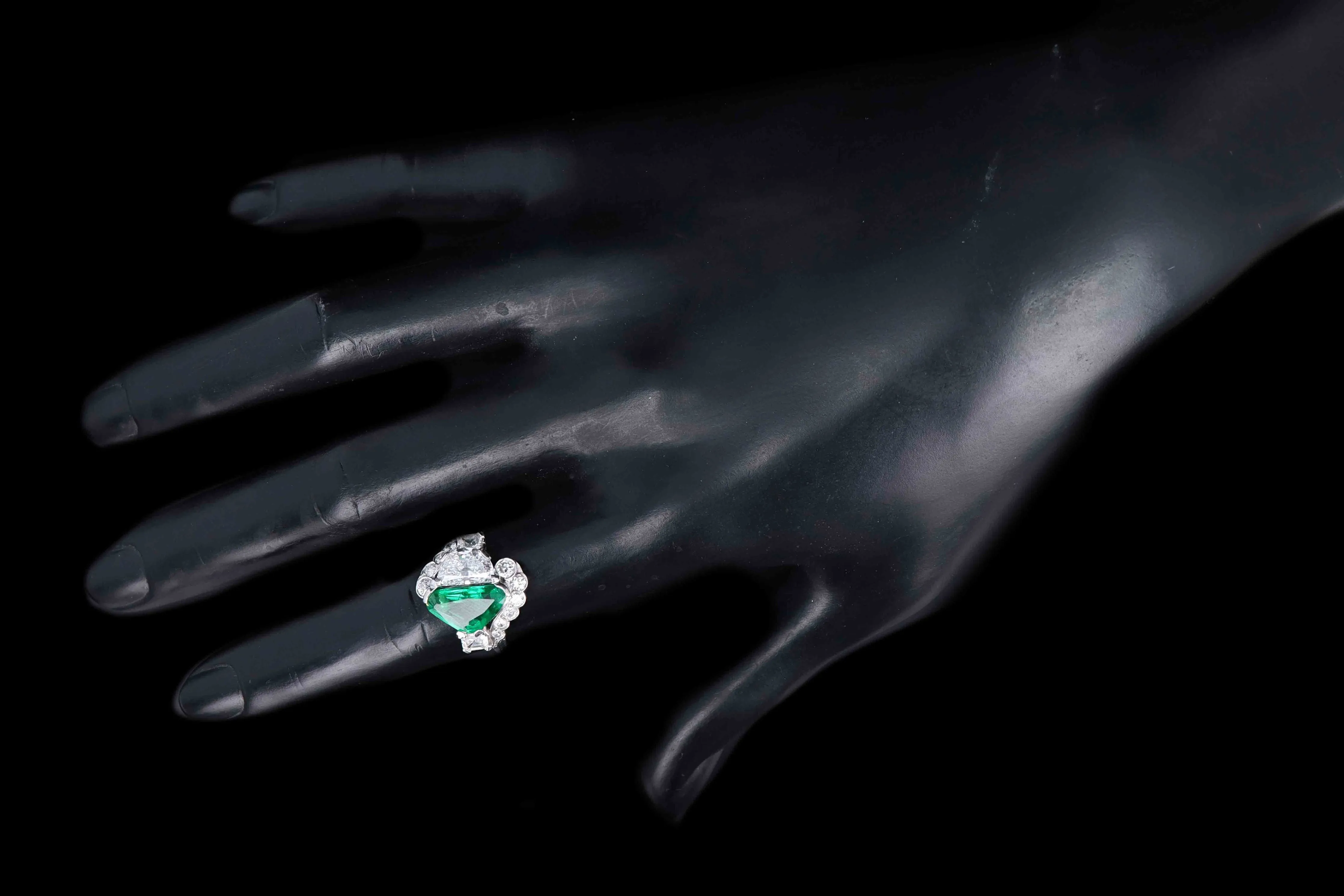 Art Deco Platinum 2 Carat Modified Triangular Cut Colombian Emerald & 1.10 Carat Half Moon Cut Diamond Ring GIA & AGL Certified