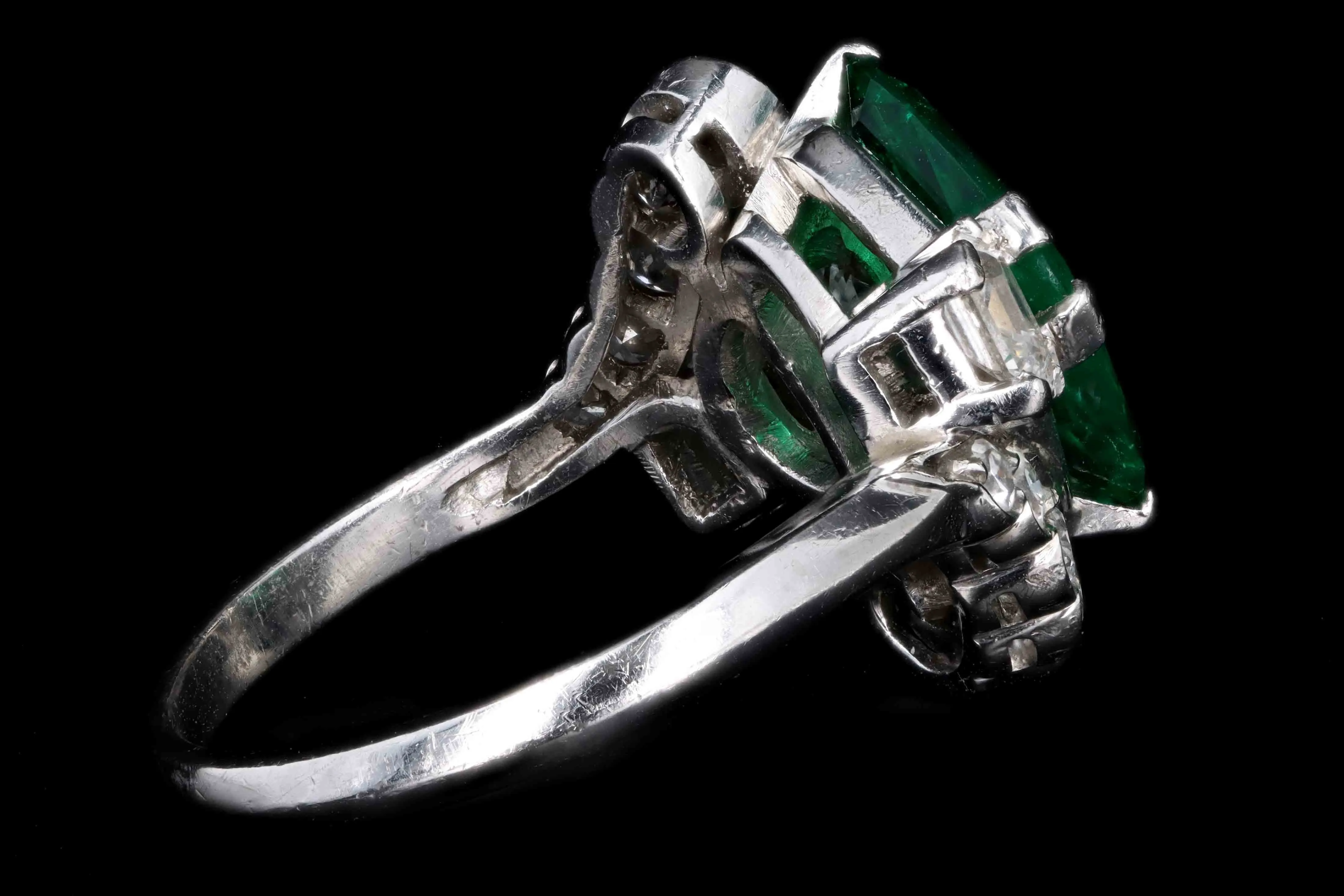 Art Deco Platinum 2 Carat Modified Triangular Cut Colombian Emerald & 1.10 Carat Half Moon Cut Diamond Ring GIA & AGL Certified