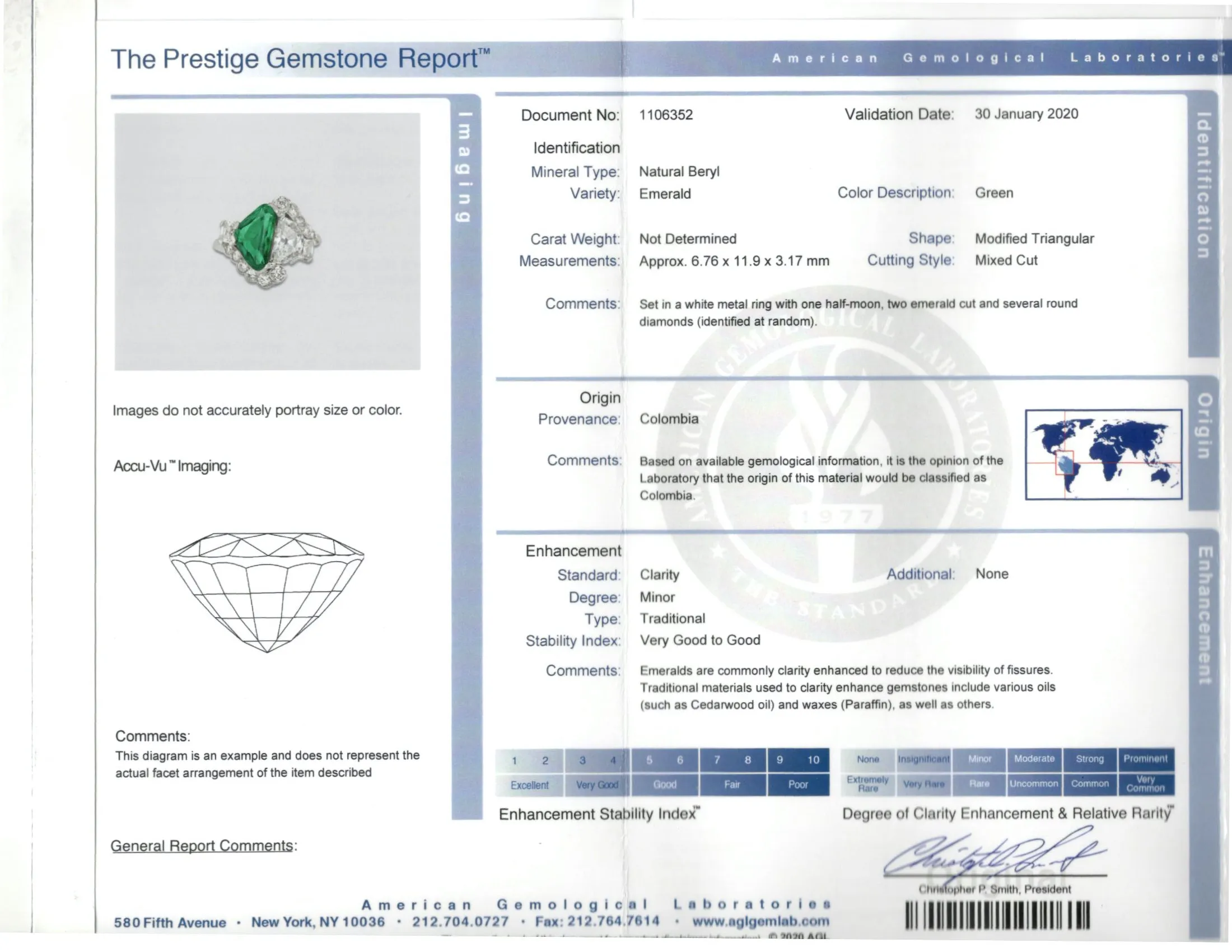 Art Deco Platinum 2 Carat Modified Triangular Cut Colombian Emerald & 1.10 Carat Half Moon Cut Diamond Ring GIA & AGL Certified