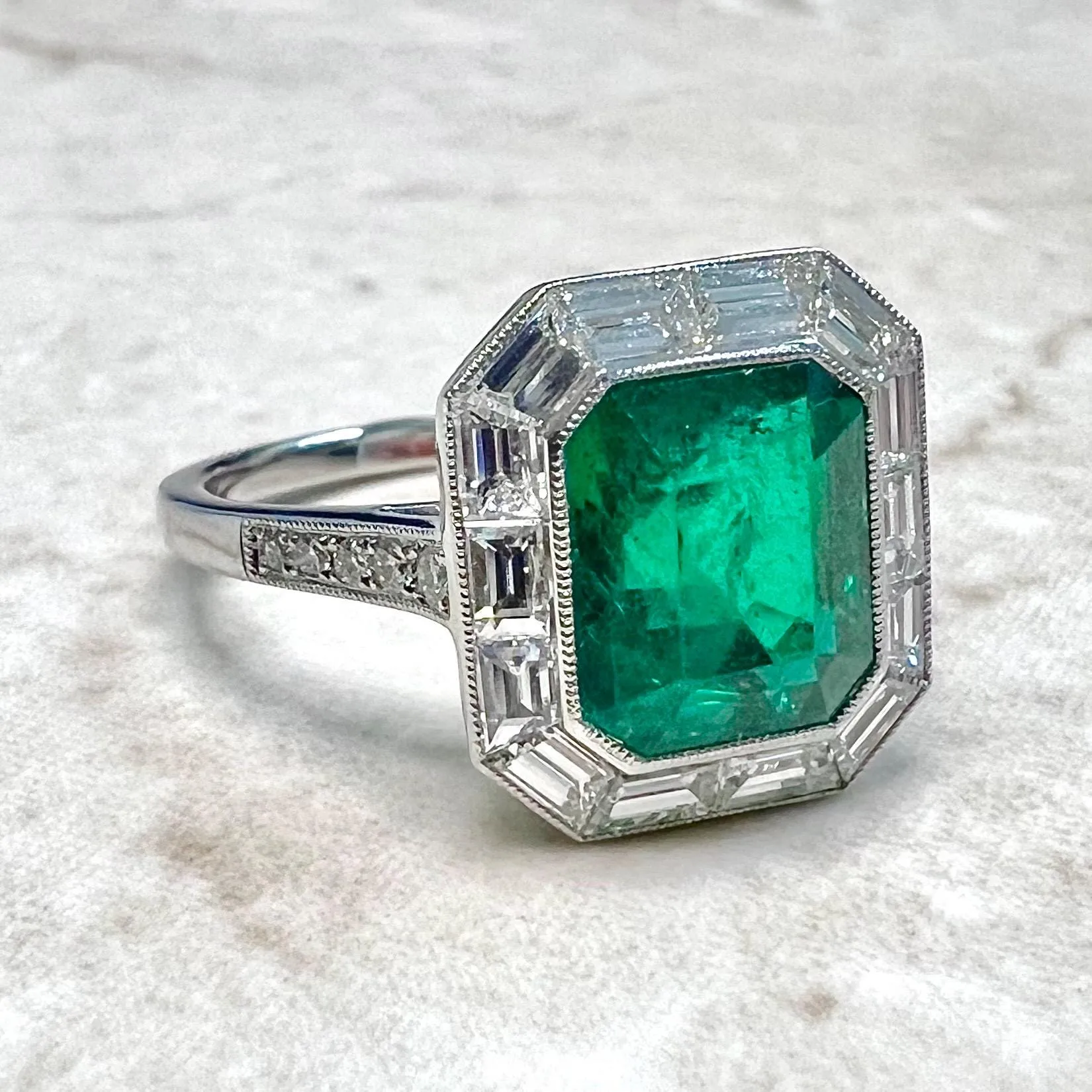 Art Deco Style Handcrafted Platinum Halo Emerald Engagement Ring