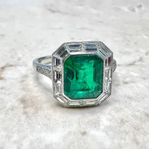 Art Deco Style Handcrafted Platinum Halo Emerald Engagement Ring