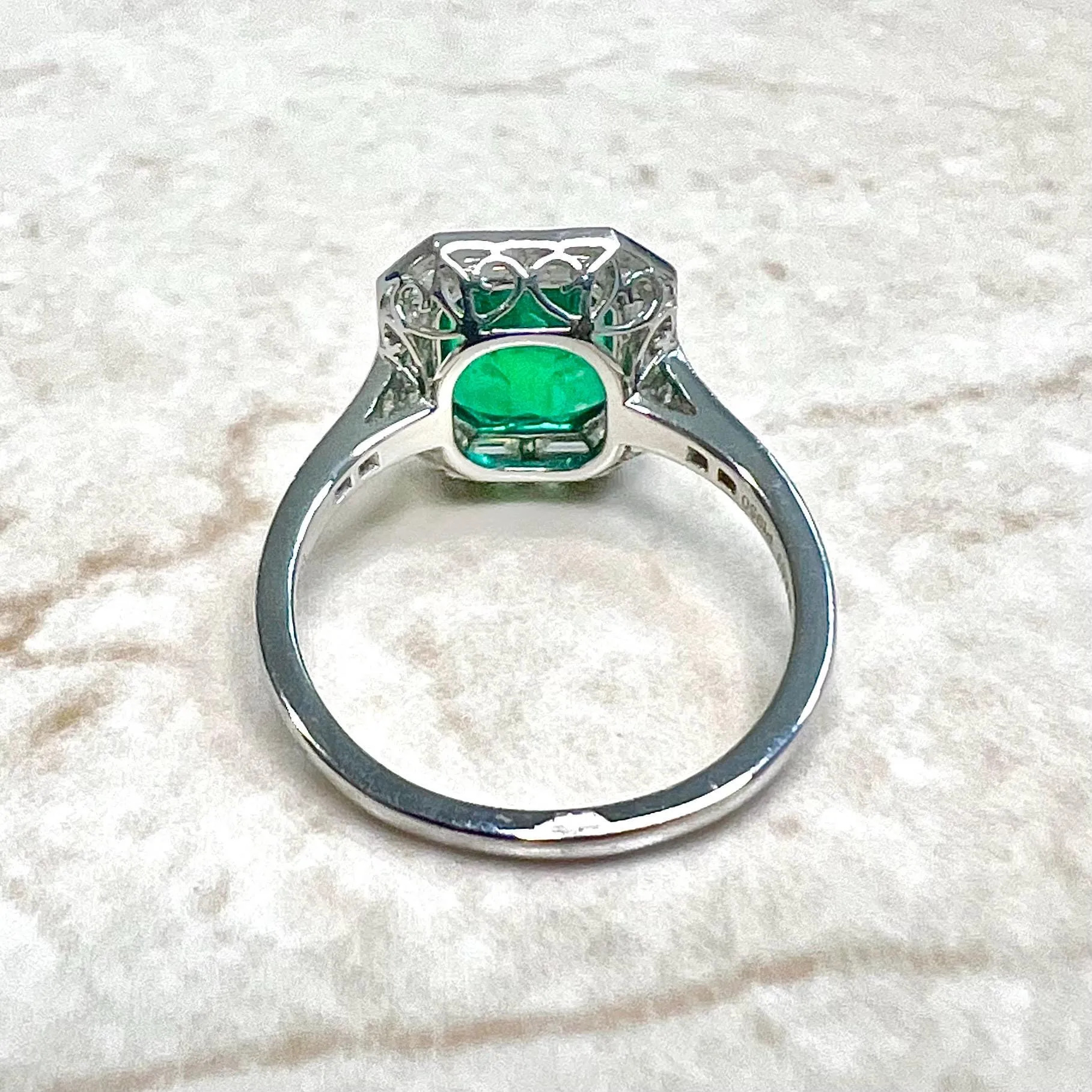 Art Deco Style Handcrafted Platinum Halo Emerald Engagement Ring