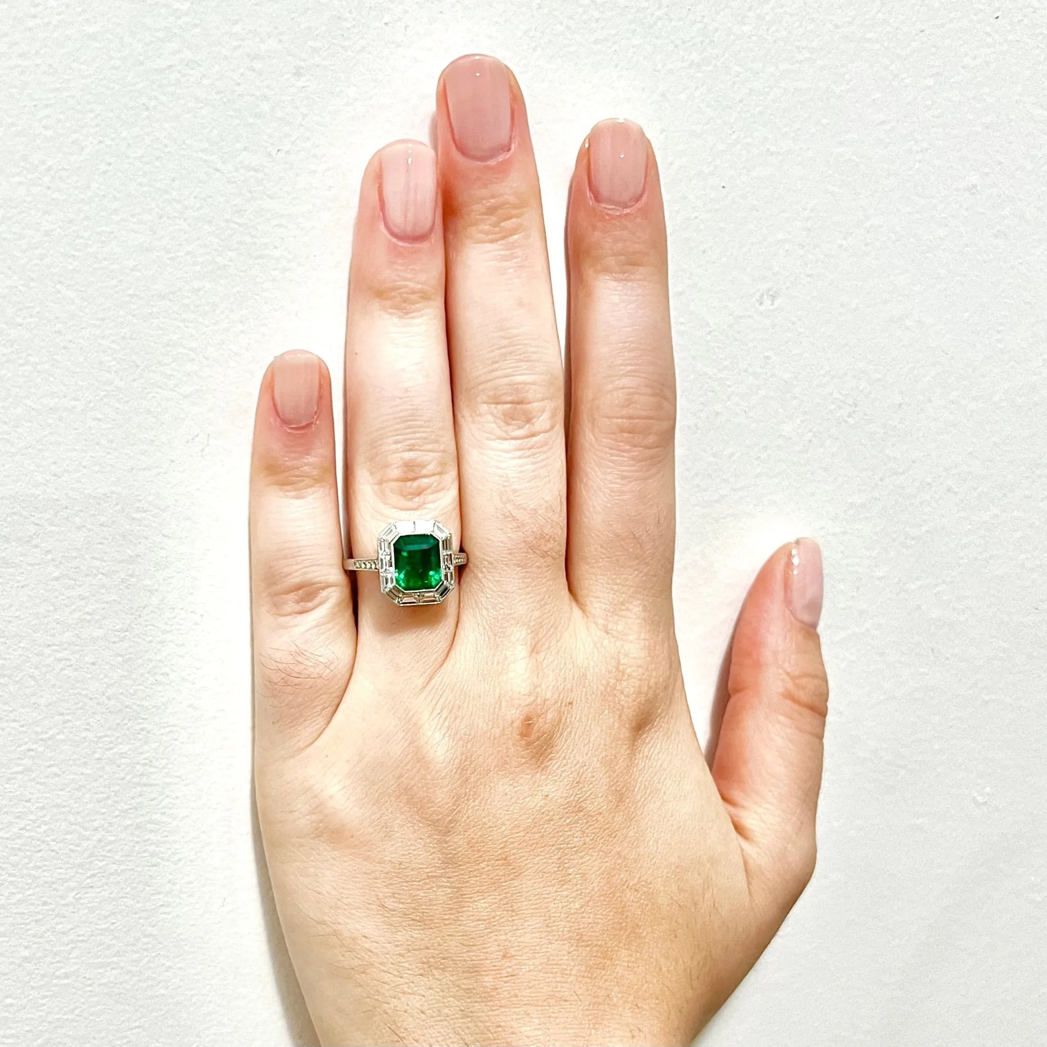 Art Deco Style Handcrafted Platinum Halo Emerald Engagement Ring