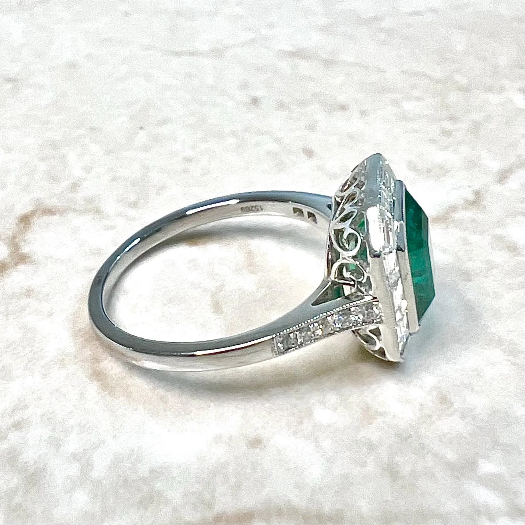 Art Deco Style Handcrafted Platinum Halo Emerald Engagement Ring