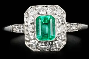 Art Deco Style Platinum .60 Colombian Emerald & Diamond Ring