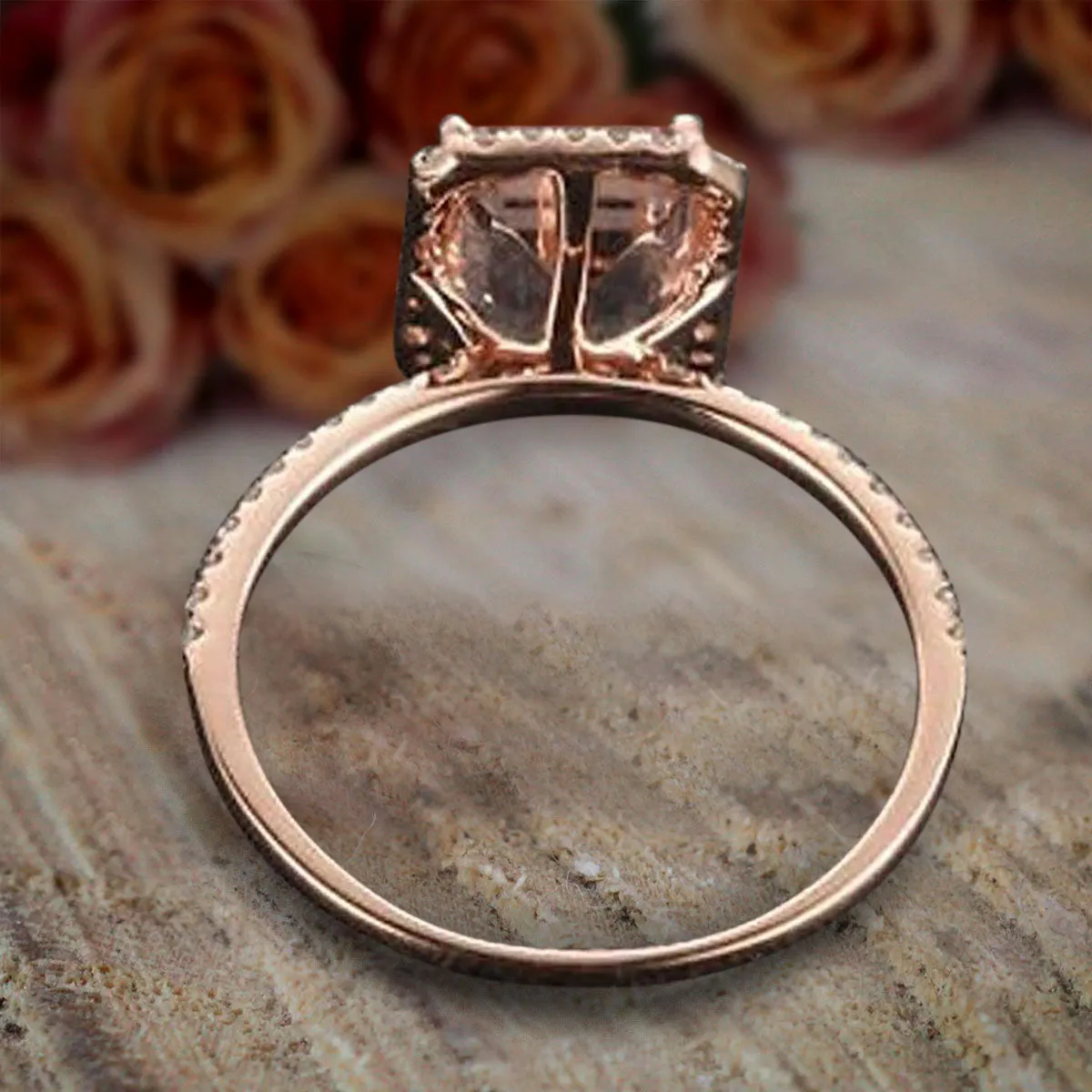 Art Deco Unique Emerald Cut 1.50 Carat Peach Pink Morganite And Diamond Moissanite Engagement Ring in 10k Rose Gold