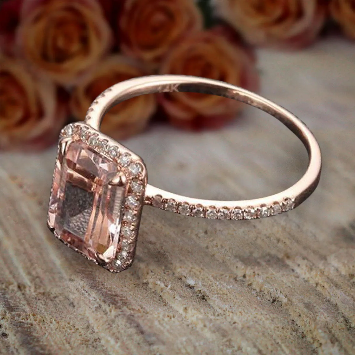 Art Deco Unique Emerald Cut 1.50 Carat Peach Pink Morganite And Diamond Moissanite Engagement Ring in 10k Rose Gold