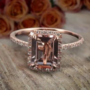 Art Deco Unique Emerald Cut 1.50 Carat Peach Pink Morganite And Diamond Moissanite Engagement Ring in 10k Rose Gold