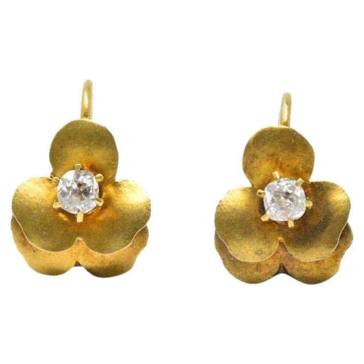 Art Nouveau Adorable .20CTW Diamond & 14K Gold Earrings, Circa 1900