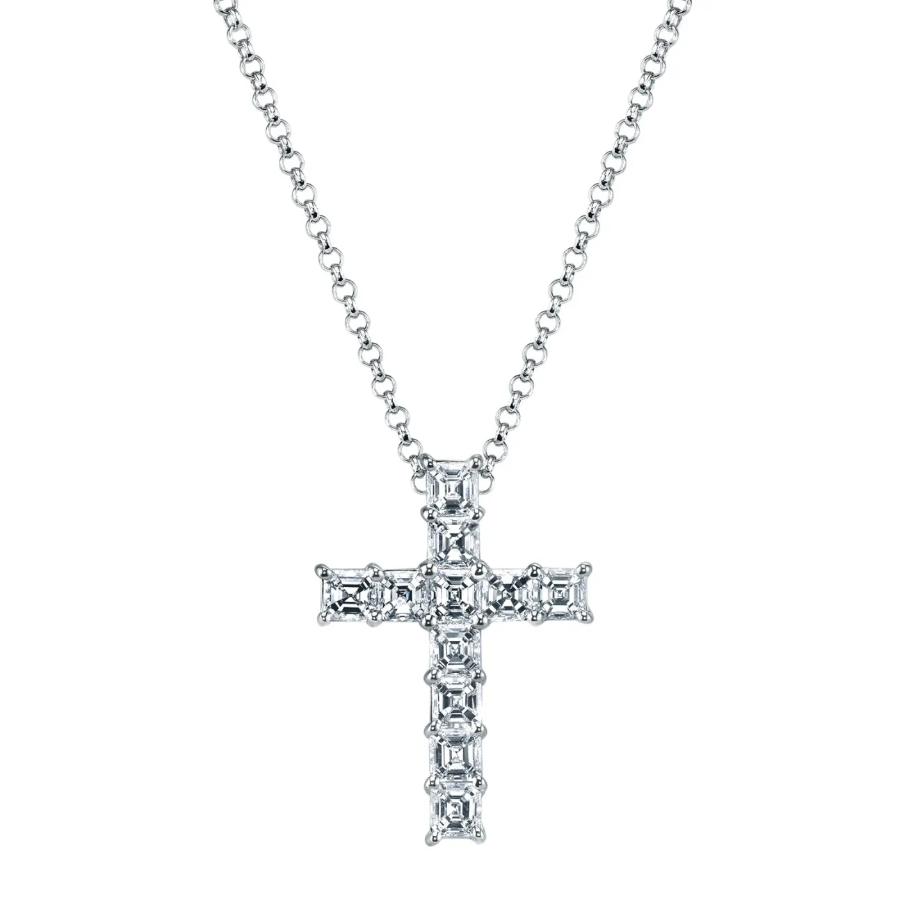 Asscher Cut Platinum 2.80 ct Diamond Cross Pendant Necklace