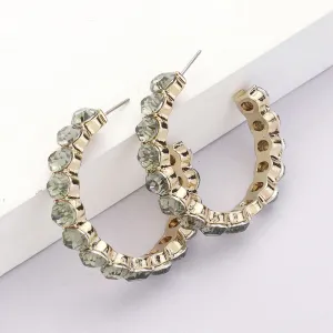Black Diamond Round Stone Hoop Earrings  | 1.5" |  618269