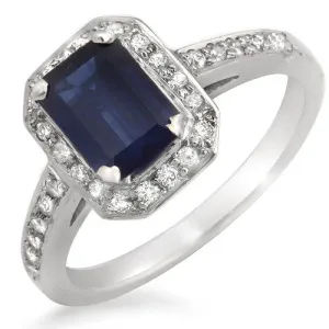 Blue Sapphire Ring With Pave-set Round Diamonds, 18k White Gold