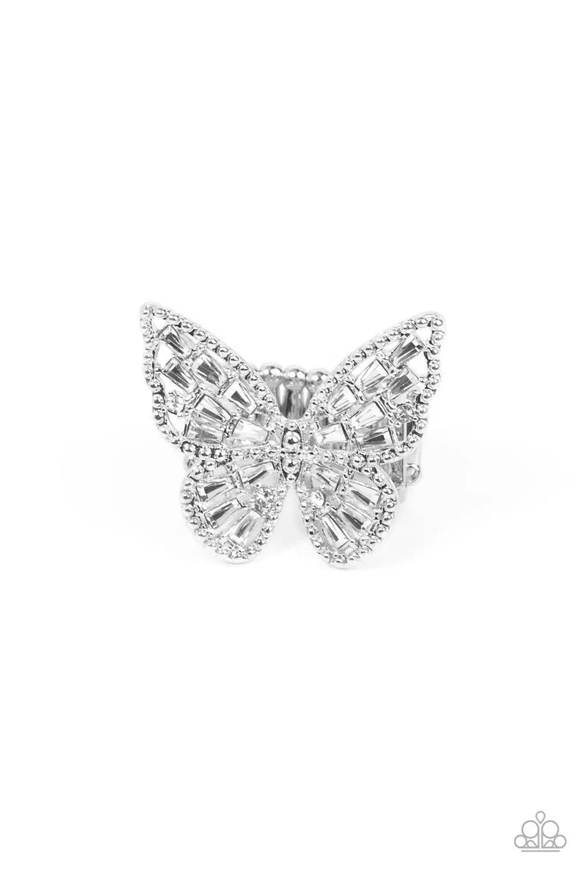 Bright-Eyed Butterfly - White - Rhinestone Paparazzi Ring