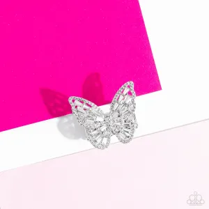 Bright-Eyed Butterfly - White - Rhinestone Paparazzi Ring