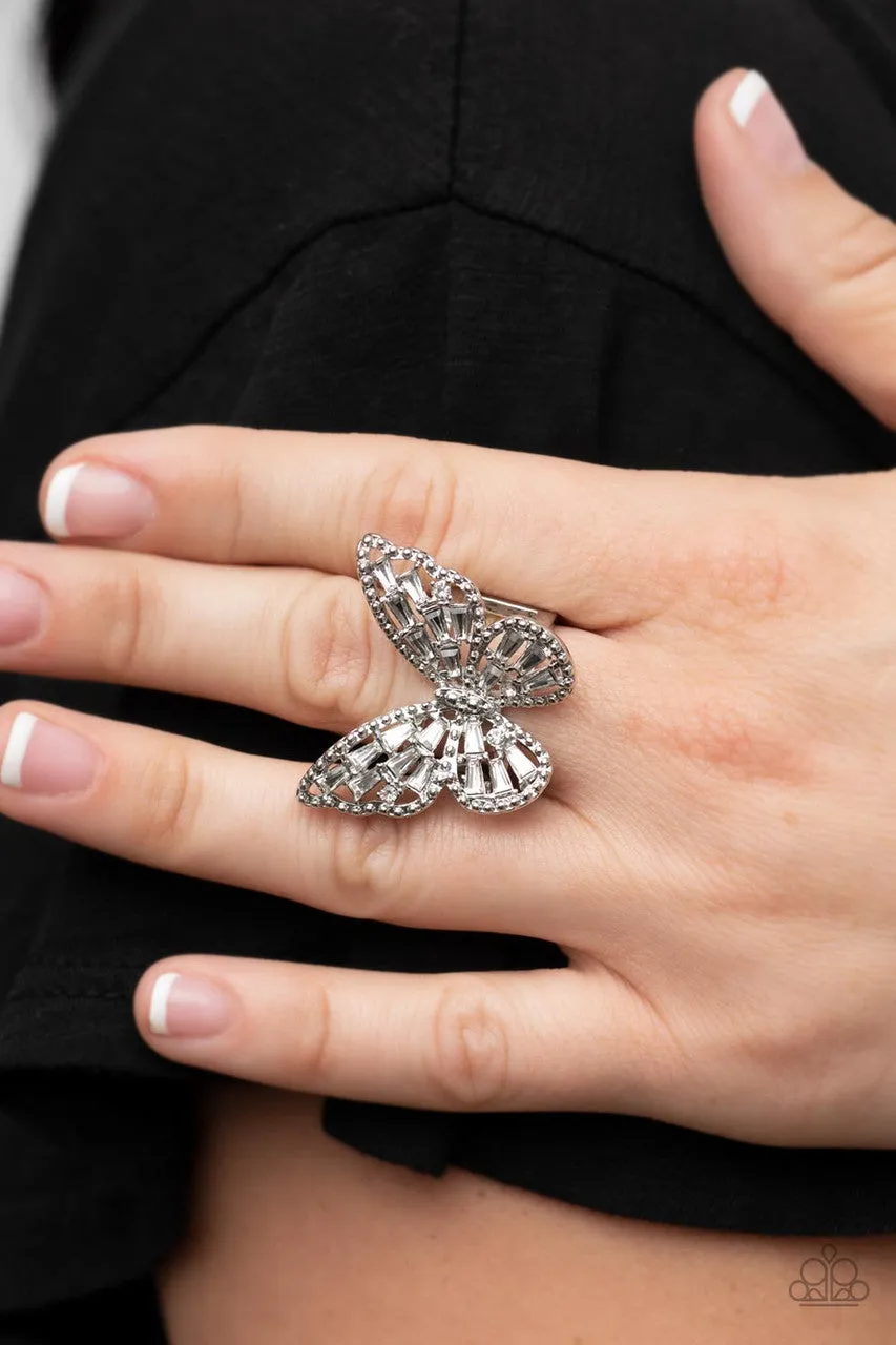 Bright-Eyed Butterfly - White - Rhinestone Paparazzi Ring
