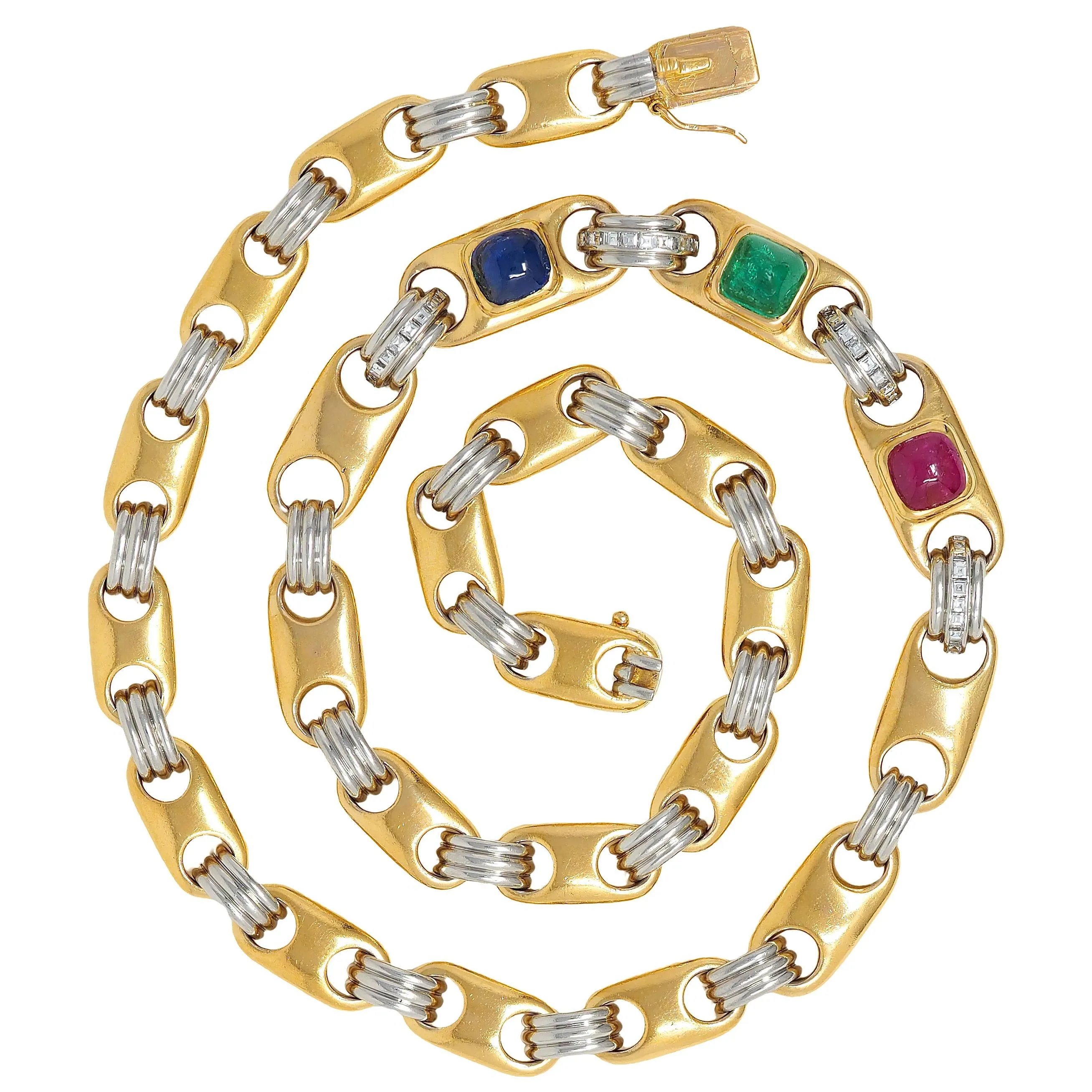 Bulgari Sapphire Ruby Emerald Diamond 18 Karat Gold Platinum Vintage Fancy Mariner Link Chain Necklace