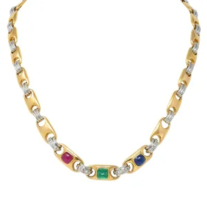 Bulgari Sapphire Ruby Emerald Diamond 18 Karat Gold Platinum Vintage Fancy Mariner Link Chain Necklace