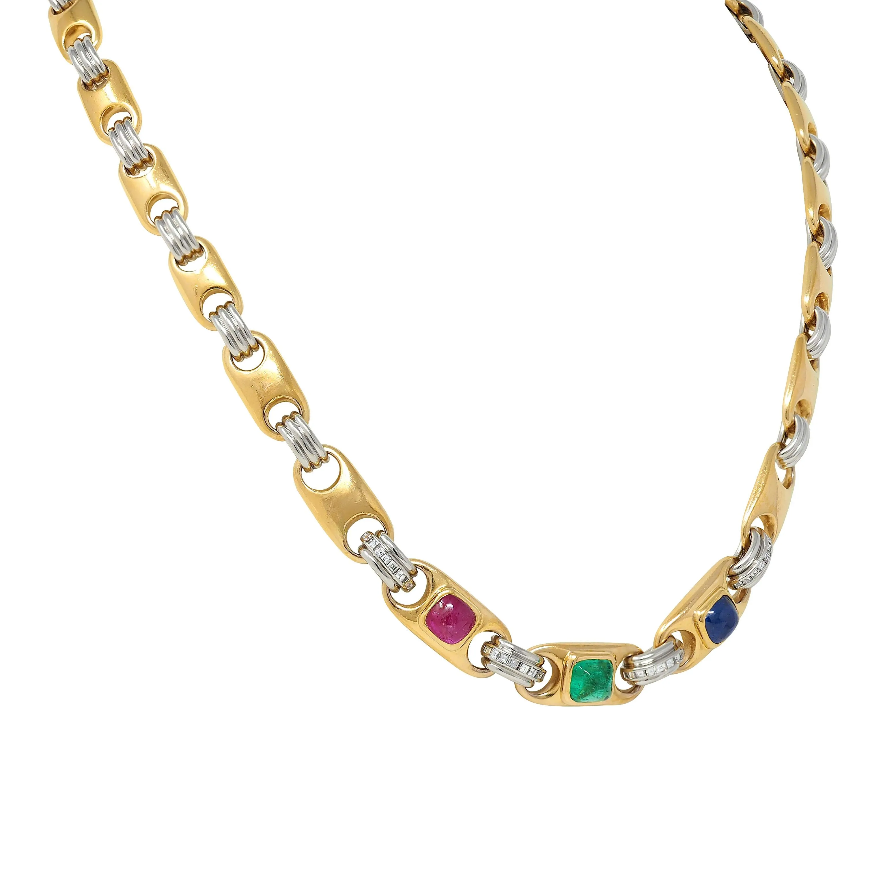 Bulgari Sapphire Ruby Emerald Diamond 18 Karat Gold Platinum Vintage Fancy Mariner Link Chain Necklace