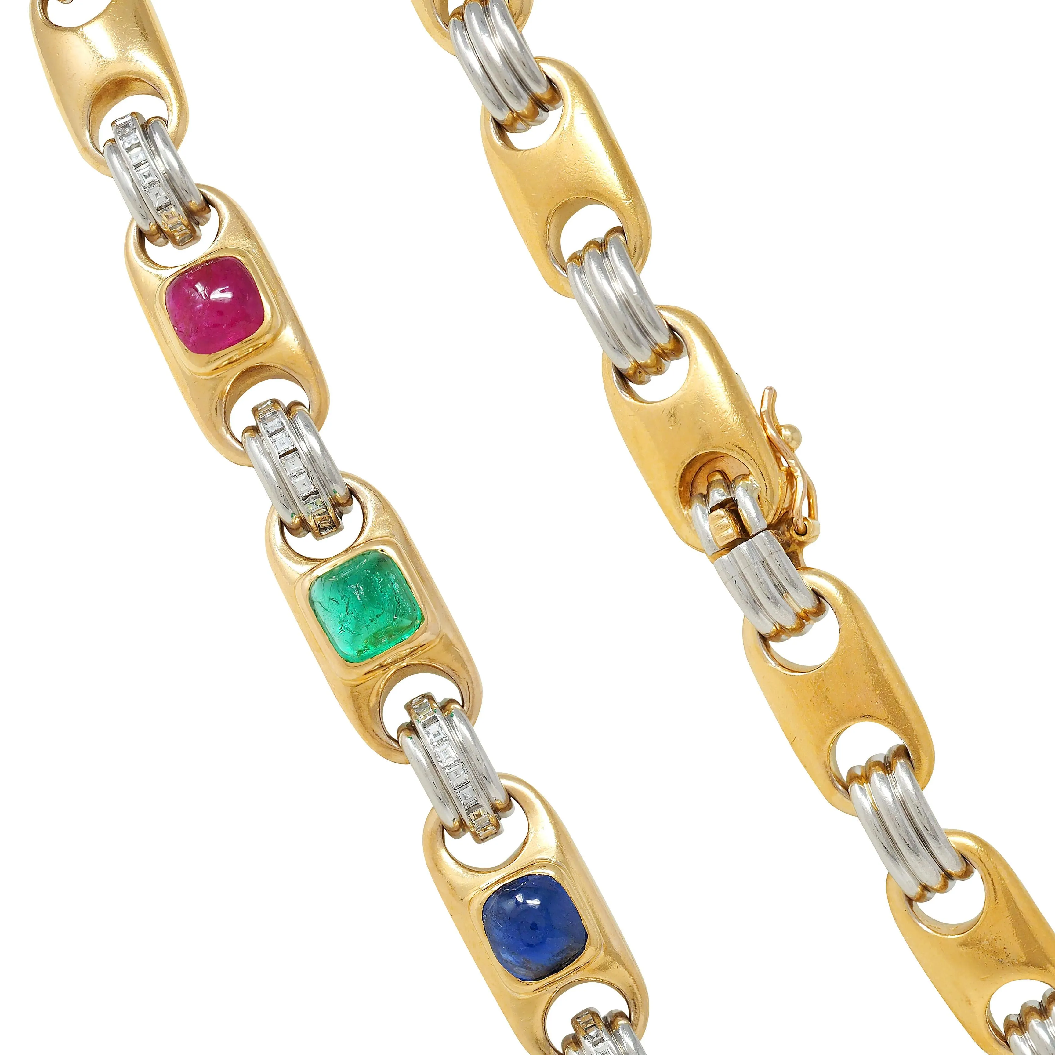 Bulgari Sapphire Ruby Emerald Diamond 18 Karat Gold Platinum Vintage Fancy Mariner Link Chain Necklace