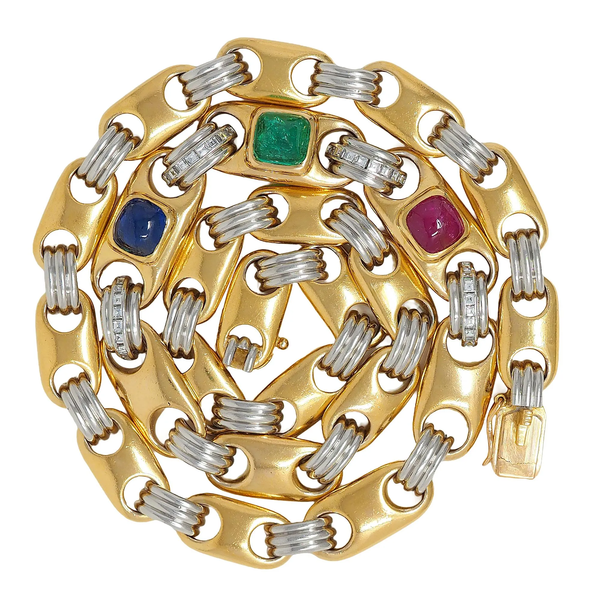 Bulgari Sapphire Ruby Emerald Diamond 18 Karat Gold Platinum Vintage Fancy Mariner Link Chain Necklace