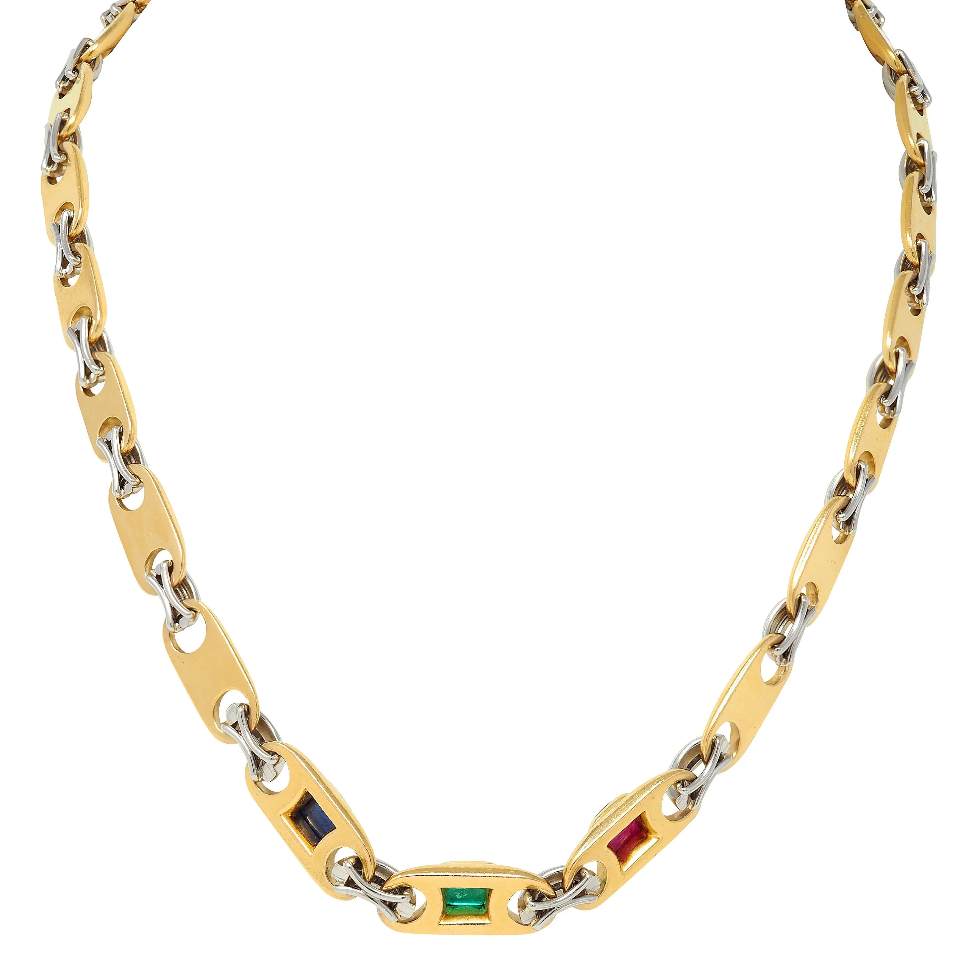 Bulgari Sapphire Ruby Emerald Diamond 18 Karat Gold Platinum Vintage Fancy Mariner Link Chain Necklace