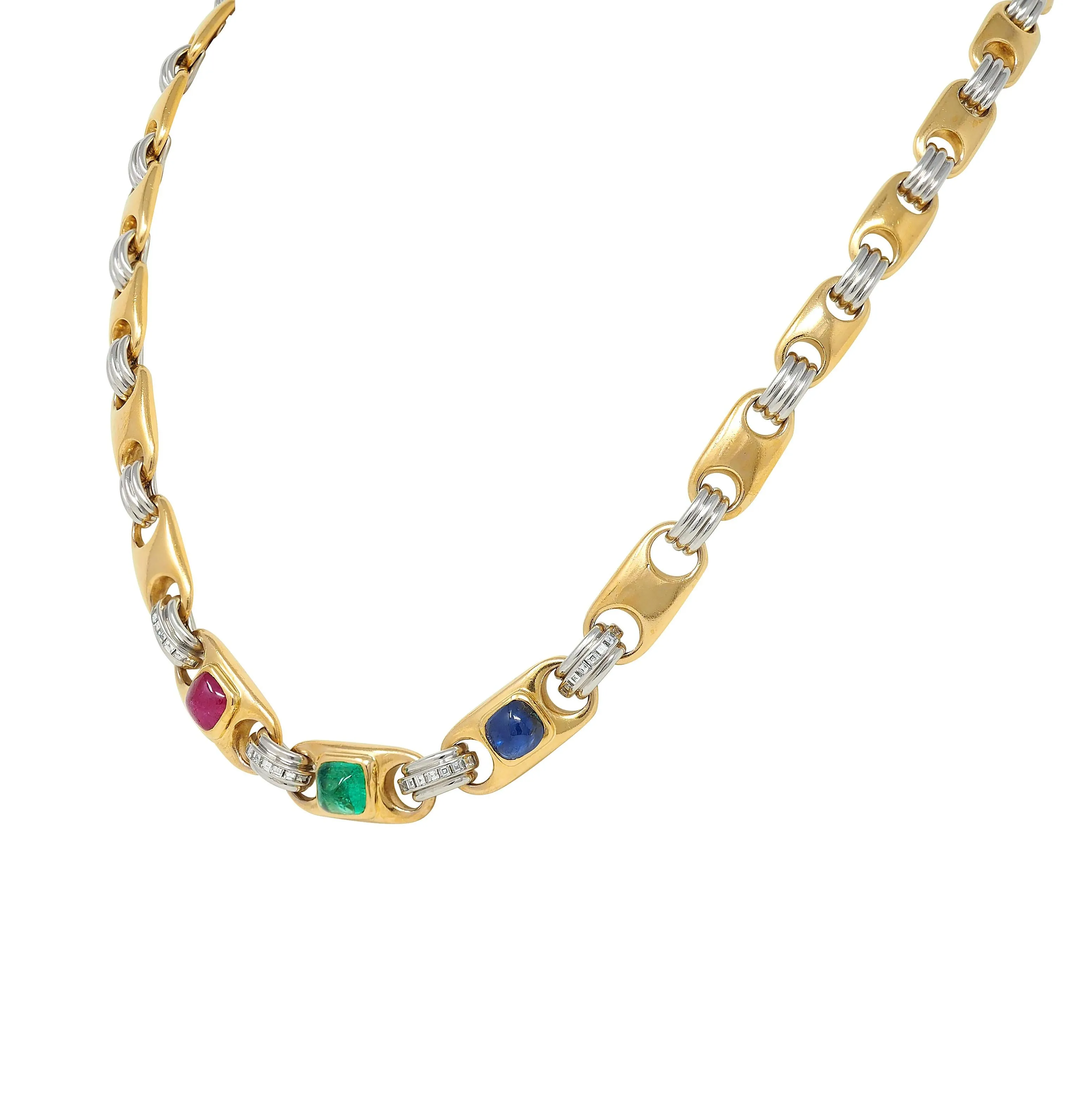 Bulgari Sapphire Ruby Emerald Diamond 18 Karat Gold Platinum Vintage Fancy Mariner Link Chain Necklace