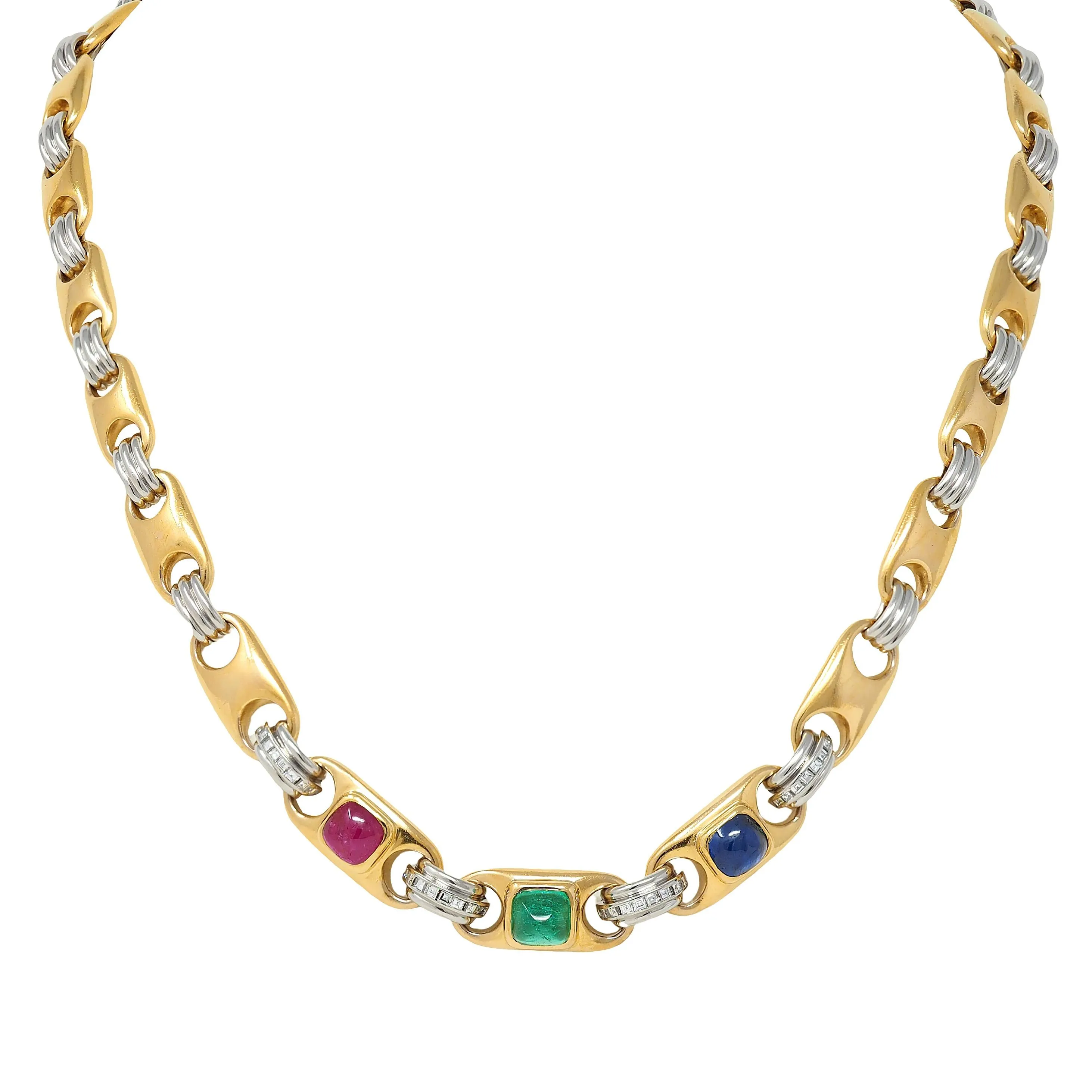 Bulgari Sapphire Ruby Emerald Diamond 18 Karat Gold Platinum Vintage Fancy Mariner Link Chain Necklace