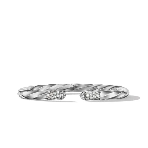 Cable Edge Bracelet in Recycled Sterling Silver with Pavé Diamonds, Size Large