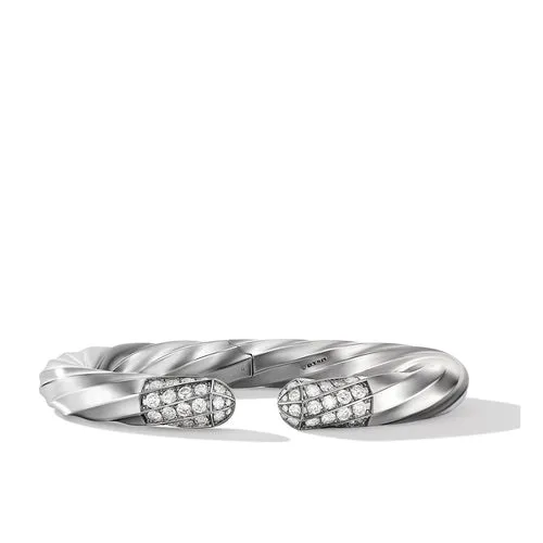 Cable Edge Bracelet in Recycled Sterling Silver with Pavé Diamonds, Size Medium