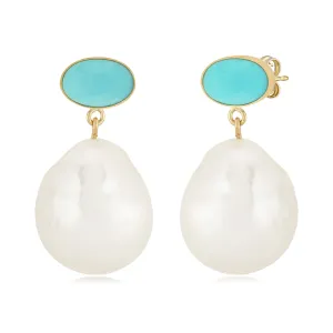 CARLA 14K YELLOW GOLD EARRINGS WITH 6X4 TURQUOISE STONE WITH BAROQUE PEARL