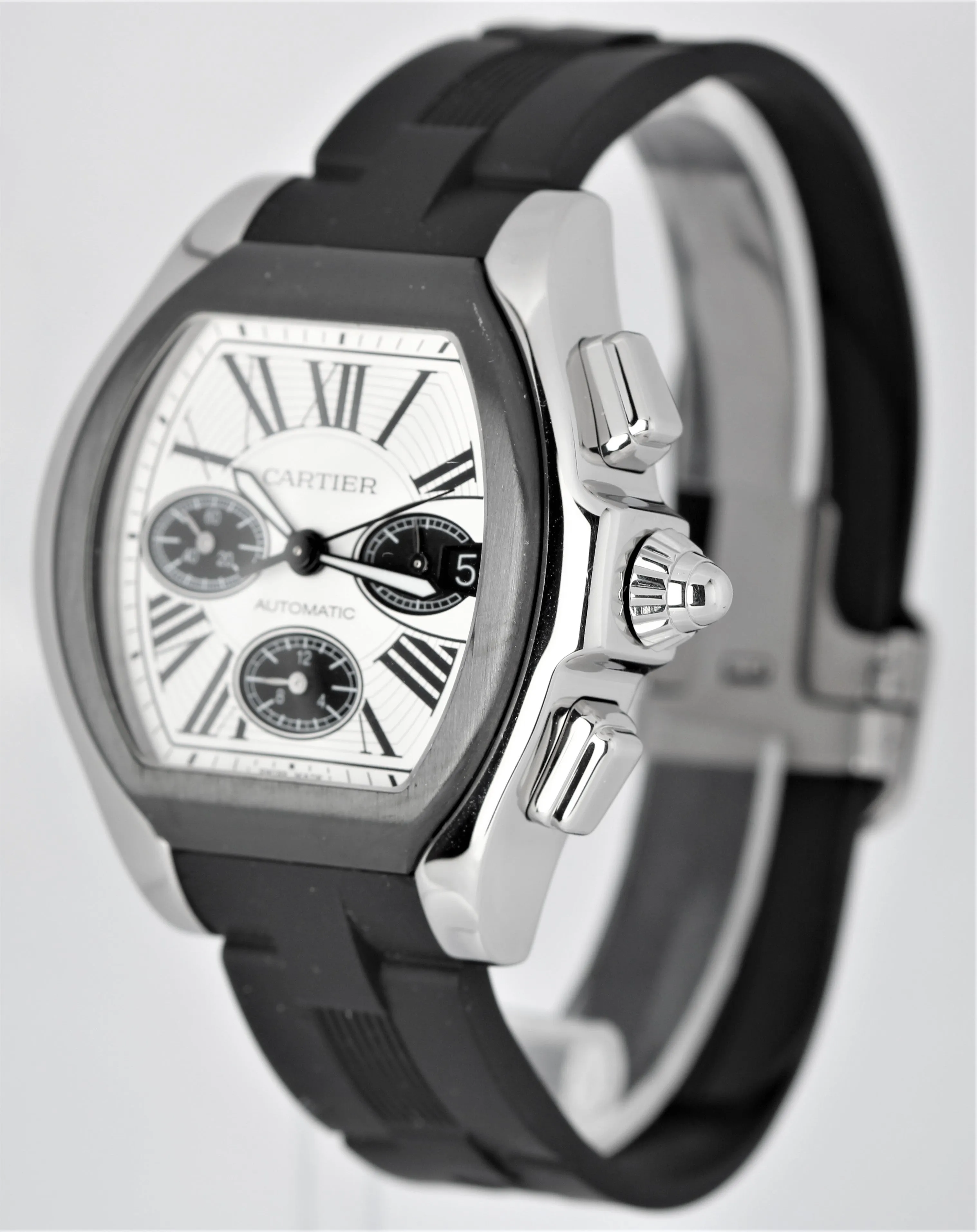Cartier Roadster Date Silver Roman Automatic Rubber W6206020 3405 Watch B&P