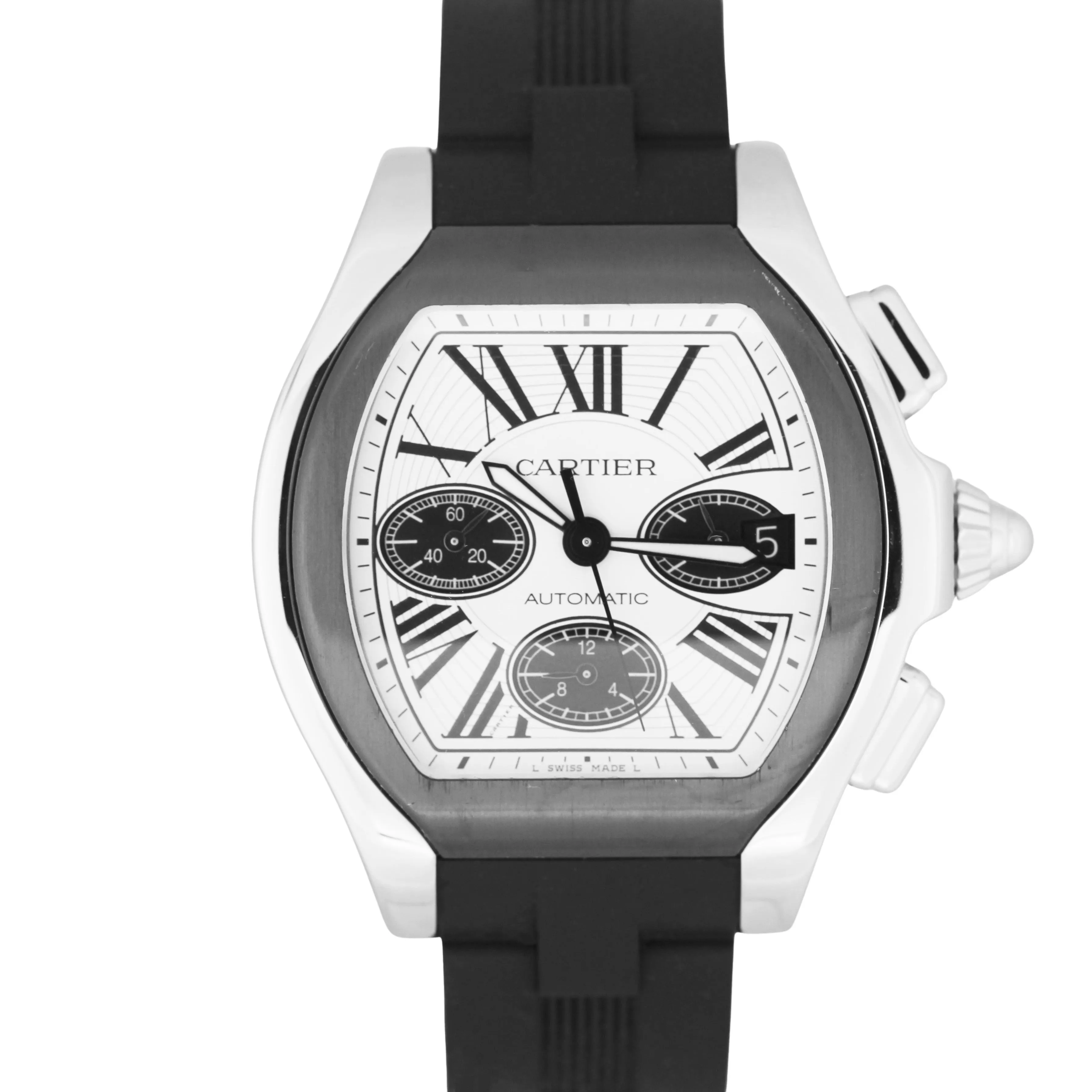 Cartier Roadster Date Silver Roman Automatic Rubber W6206020 3405 Watch B&P