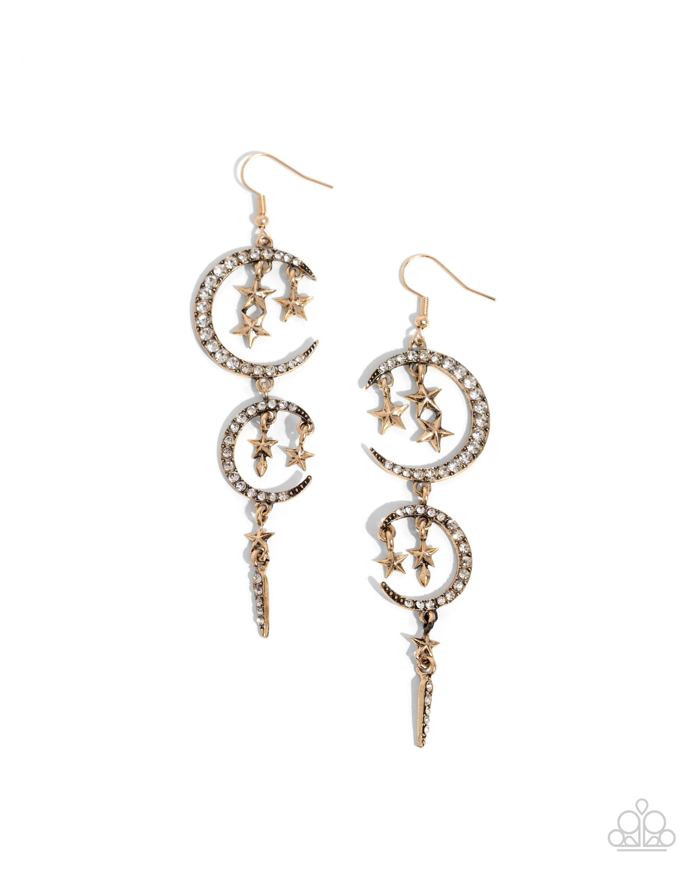 Celestial Cascade - Gold - White Rhinestone Encrusted Moon and Star Paparazzi Post Earrings - October 2024 Possible Pop-Up Shop Exclusive