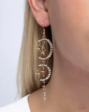 Celestial Cascade - Gold - White Rhinestone Encrusted Moon and Star Paparazzi Post Earrings - October 2024 Possible Pop-Up Shop Exclusive