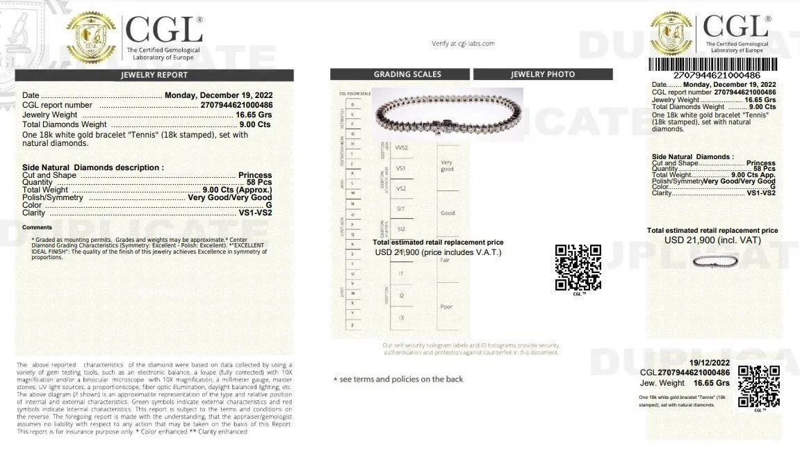 Certified 9.00CT Princess cut Tennis Bracelet in 18KT White Gold