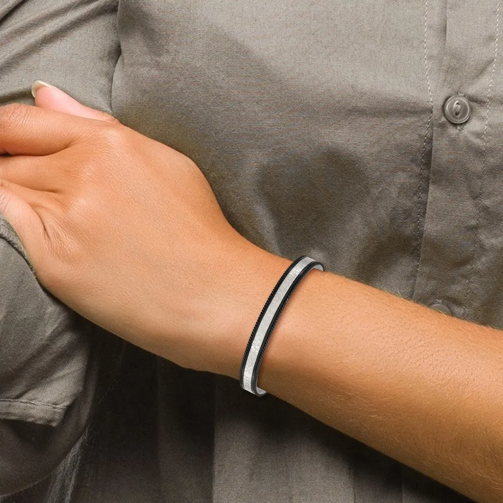 Chisel Stainless Steel Brushed Polished and Hammered Black IP-plated Wire Edge Cuff Bangle
