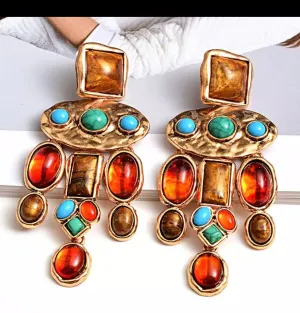 Chunky gold earrings , gold chandelier earrings  , vintage style ,orange earrings , long multicolored earrings , statement earrings