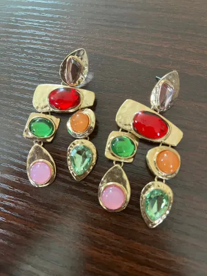 Chunky gold earrings , gold chandelier earrings  , vintage style ,red pink earrings , long multicolored earrings , statement earrings