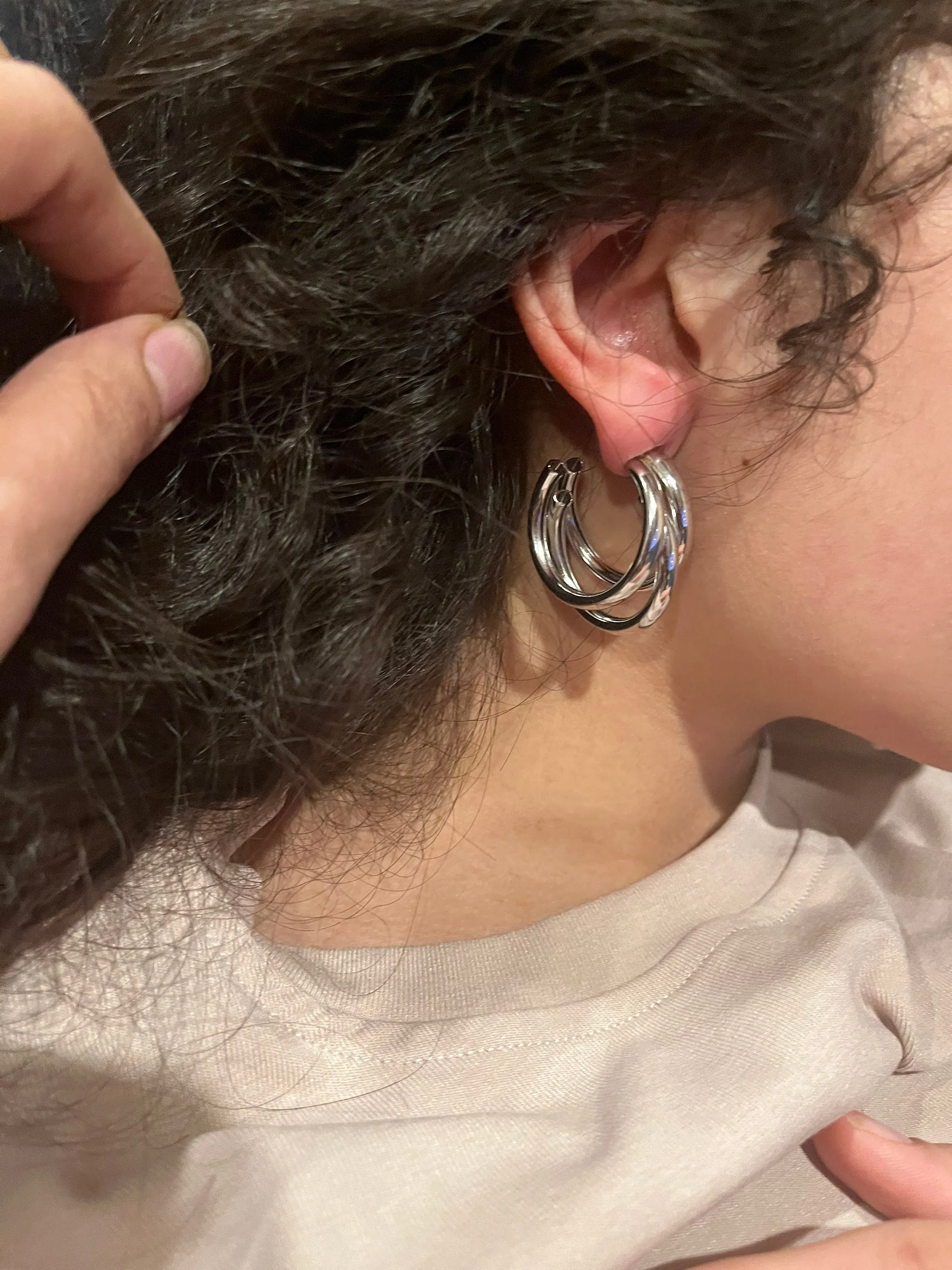 Chunky silver hoops , vintage style layered gold earring , chunky silver  earring , geometric silver earring ,