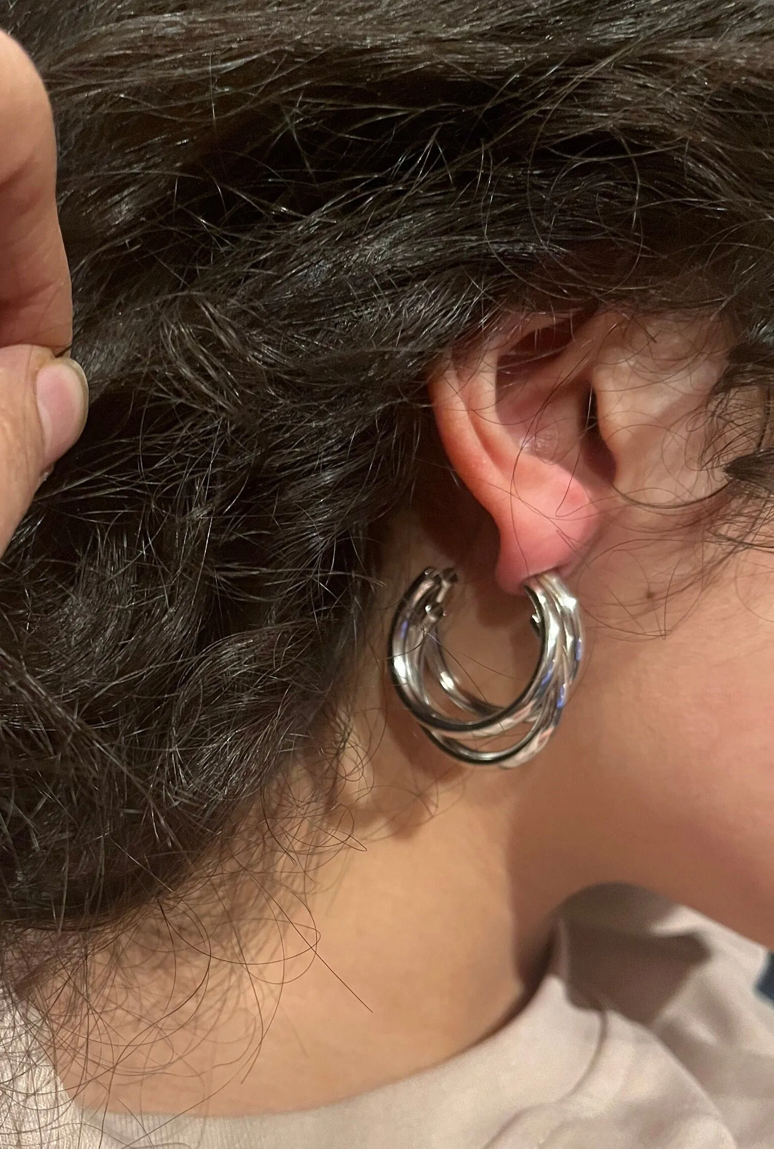 Chunky silver hoops , vintage style layered gold earring , chunky silver  earring , geometric silver earring ,