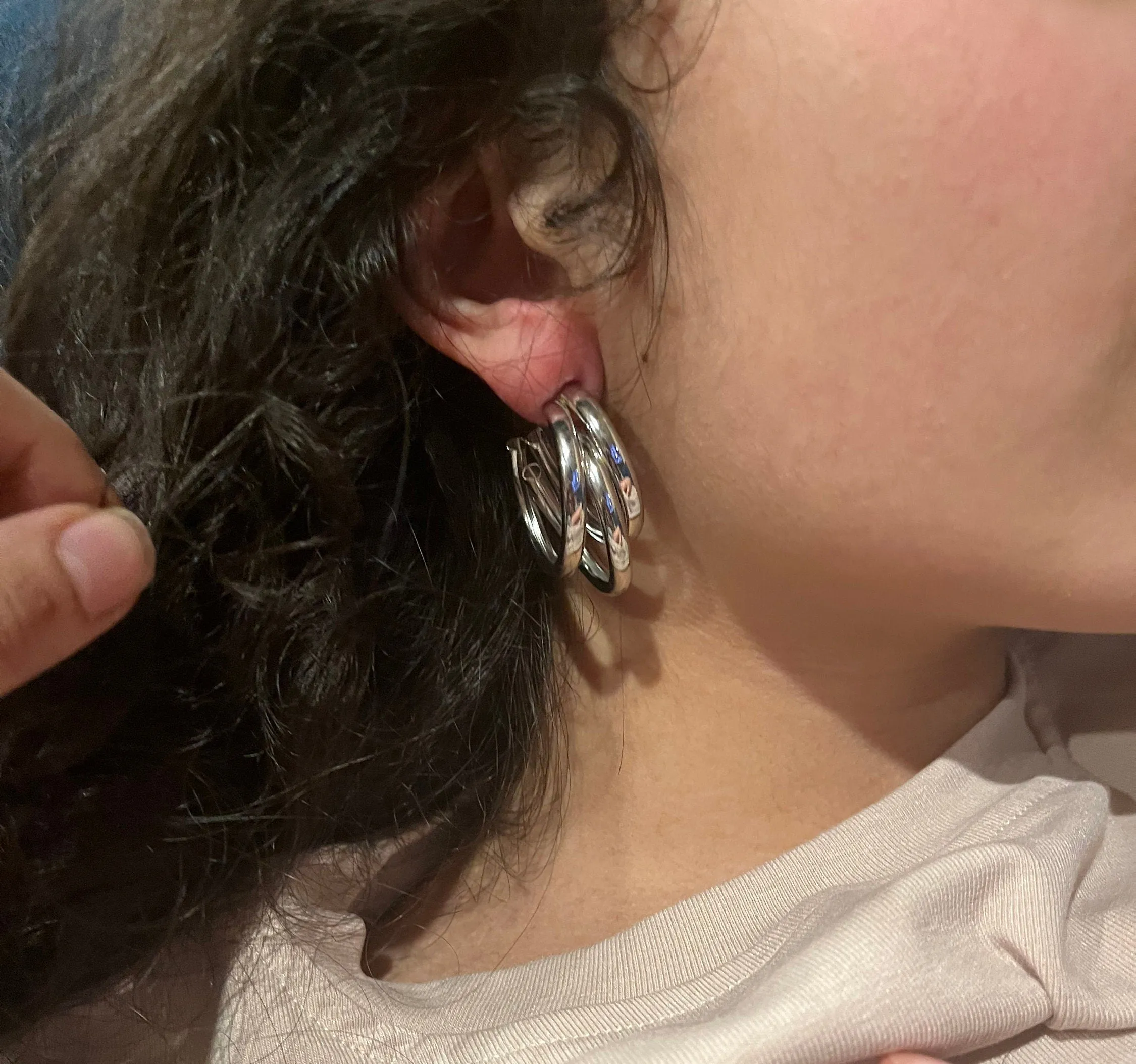 Chunky silver hoops , vintage style layered gold earring , chunky silver  earring , geometric silver earring ,