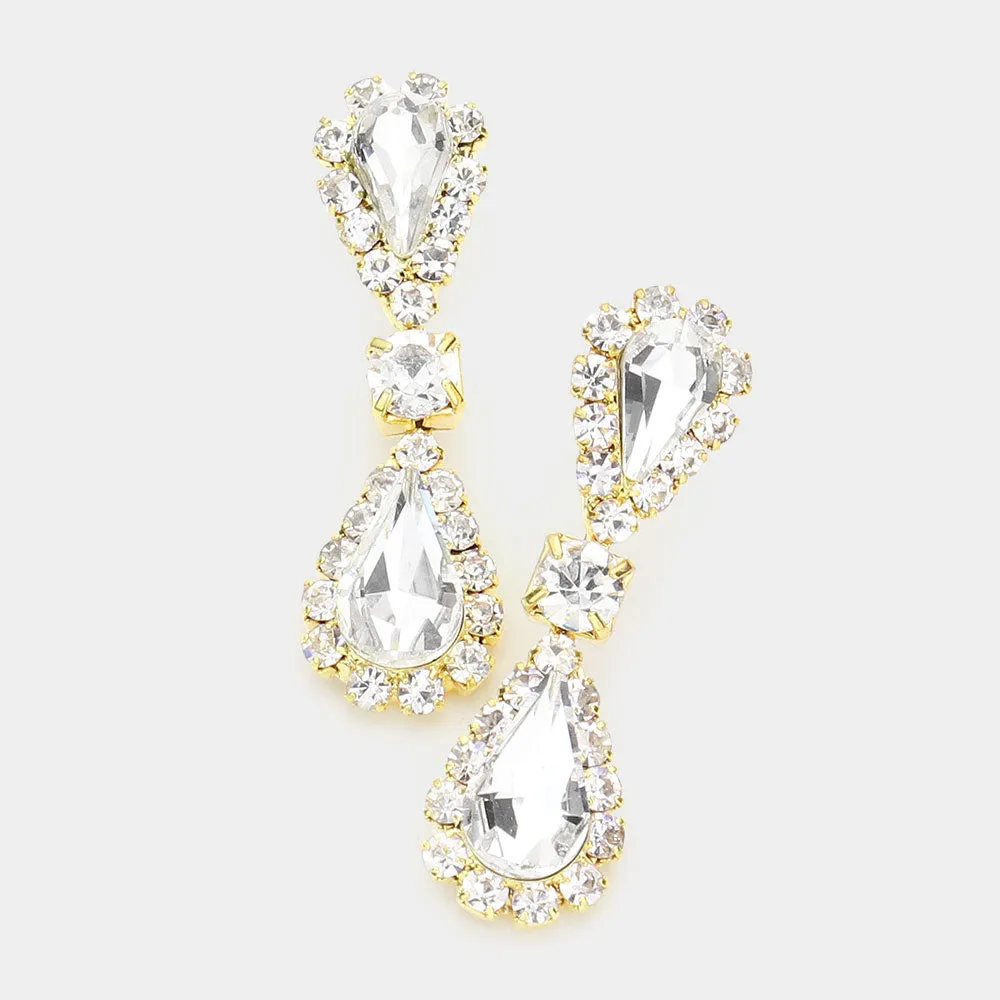 Clear Double Teardrop Rhinestone Accented Small Pageant Earrings on Gold| Little Girl Earrings | 512671