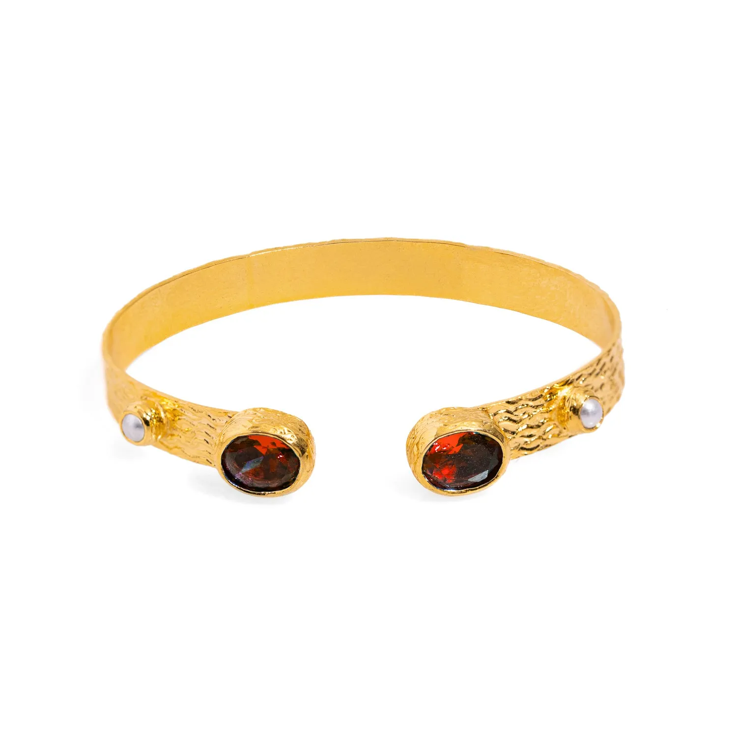 Cleopatra Ruby & Pearl Adjustable Gold Cuff Bracelet