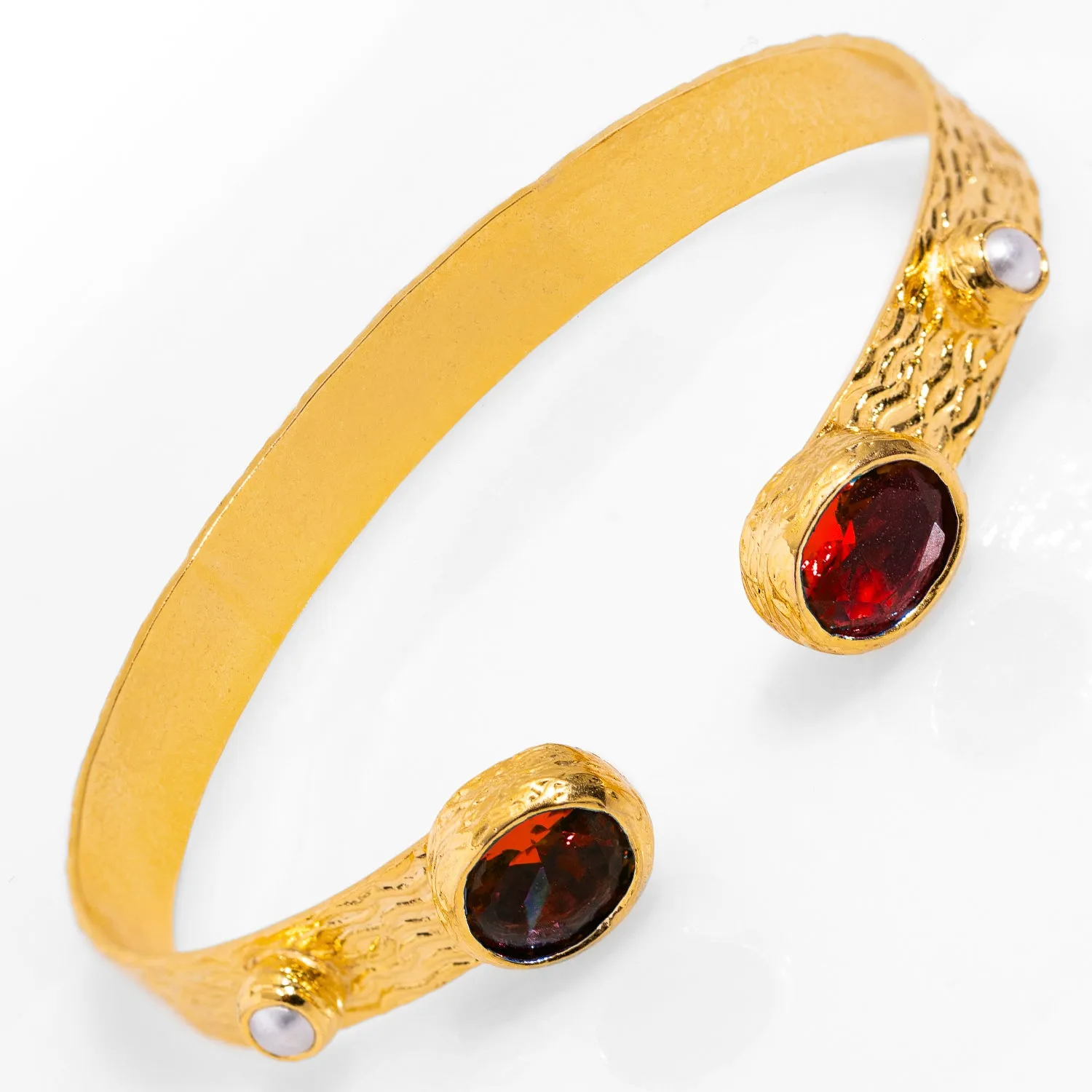 Cleopatra Ruby & Pearl Adjustable Gold Cuff Bracelet