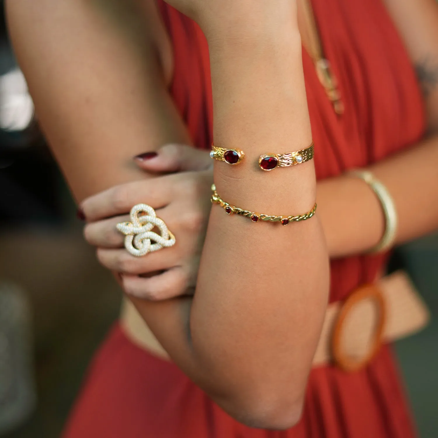 Cleopatra Ruby & Pearl Adjustable Gold Cuff Bracelet